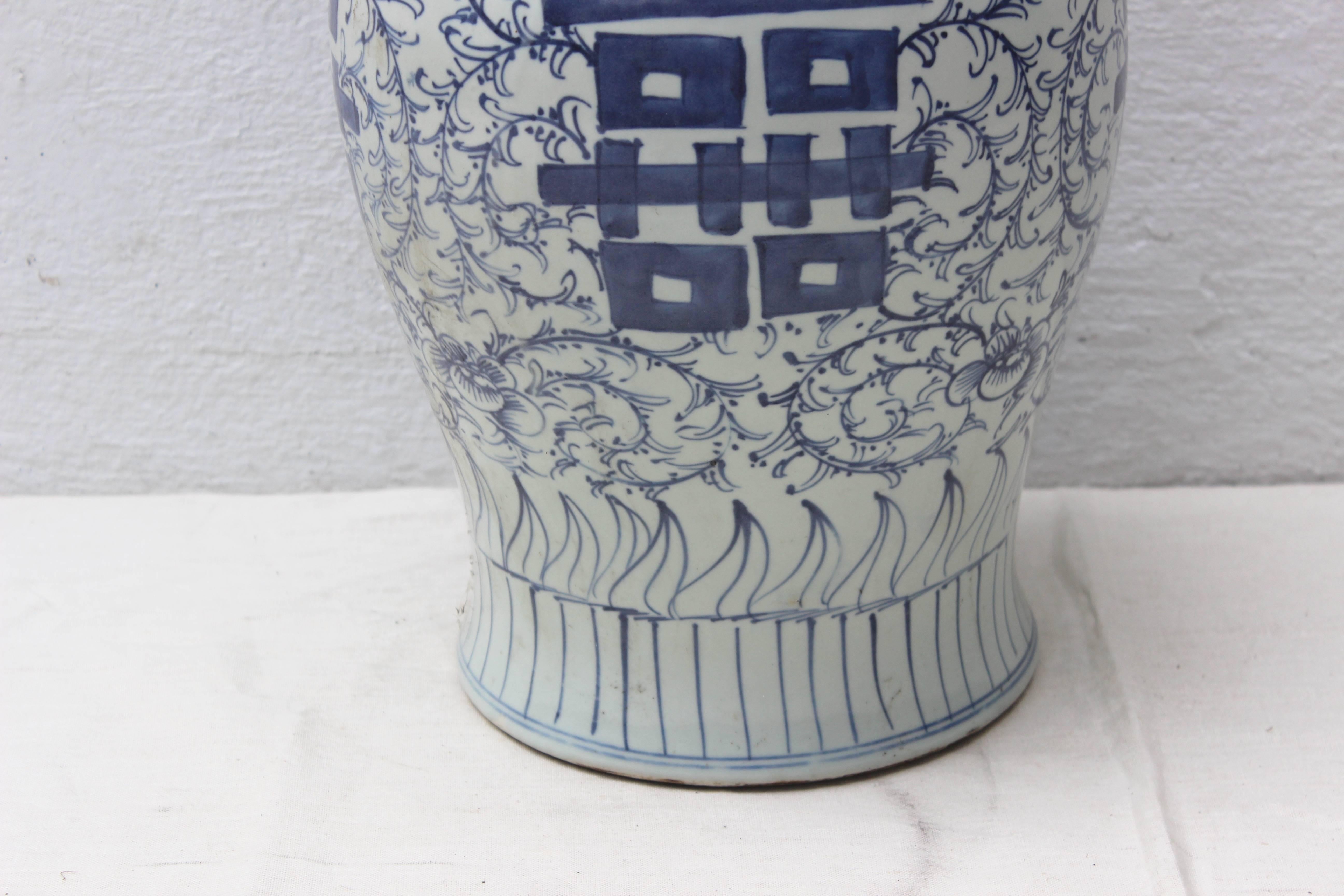 Glazed Chinese Blue and White Ceramic Lidded Jar