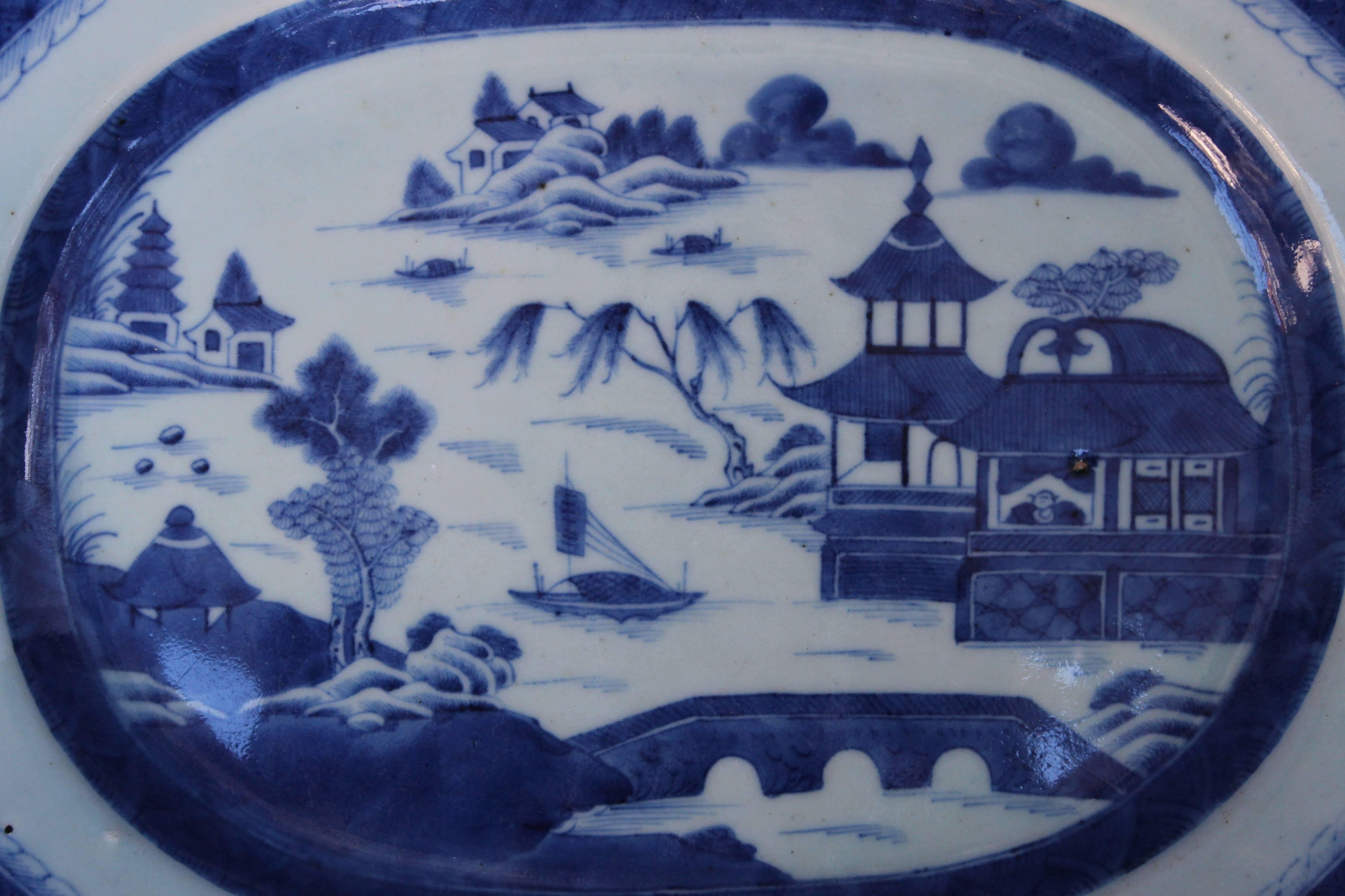 Chinese blue and white hand-painted glazed ceramic Canton serving platter.