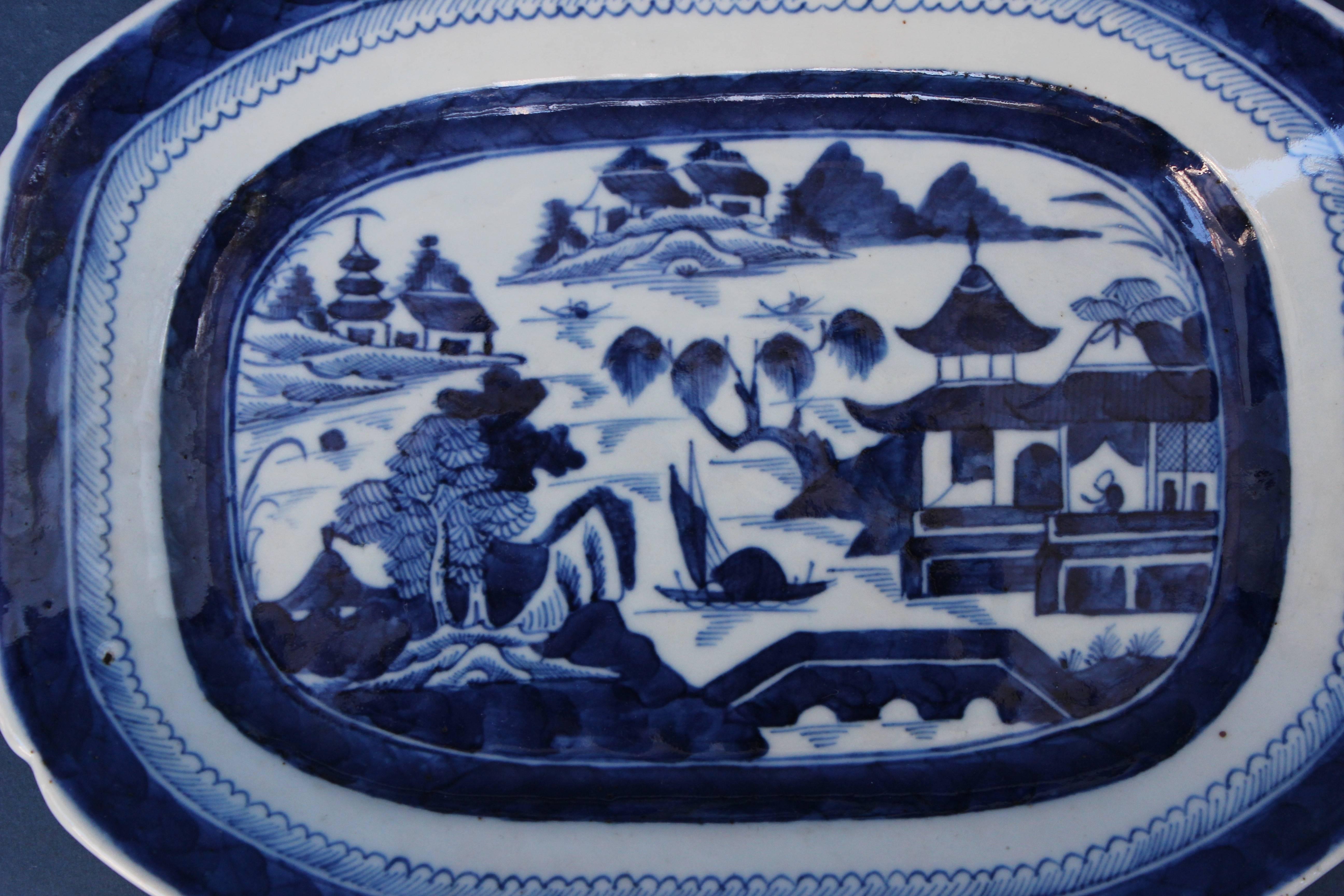 Chinese blue and white glazed ceramic hand-painted Canton serving platter.