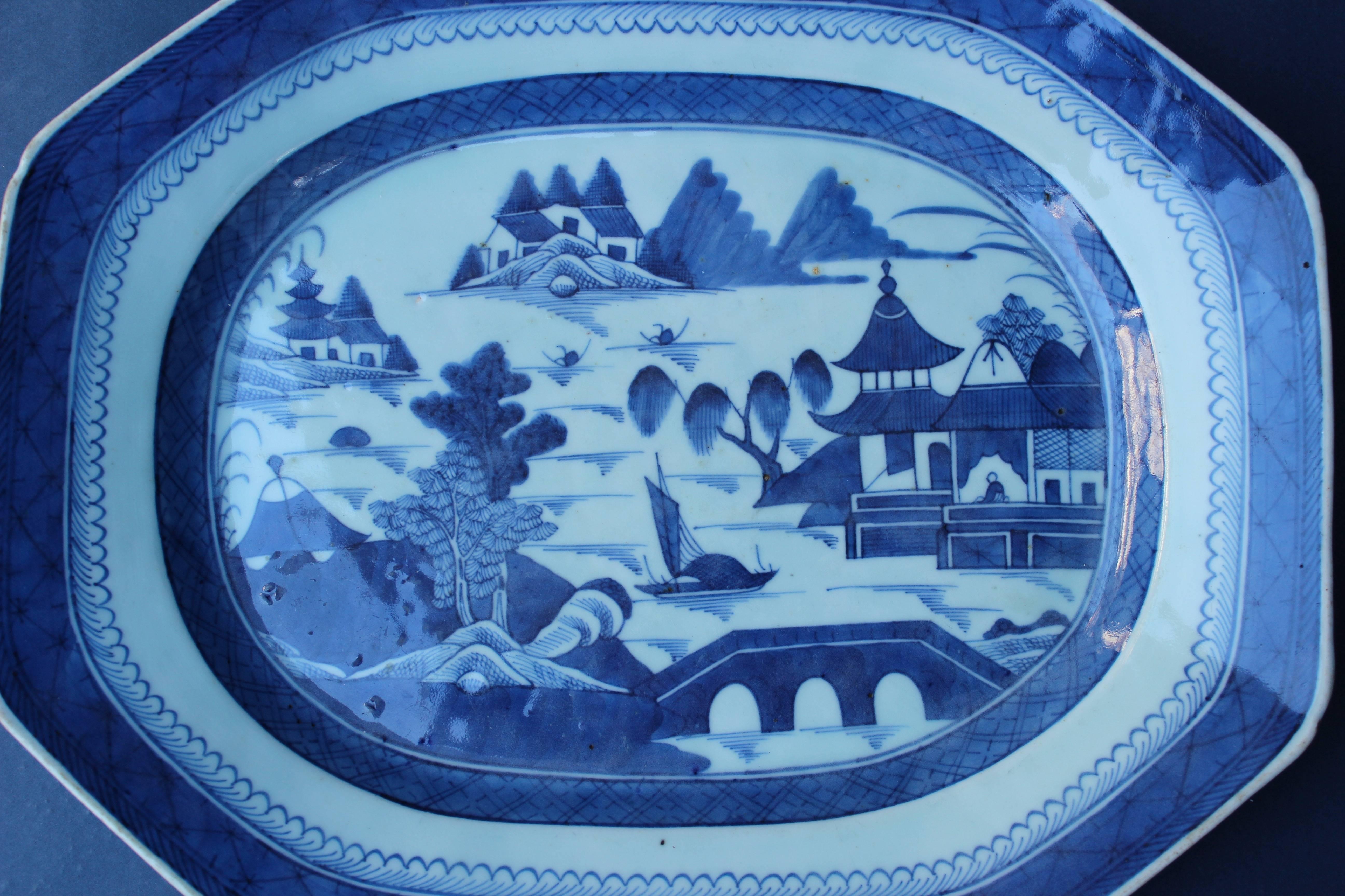 Chinese blue and white glazed ceramic hand-painted canton serving platter.