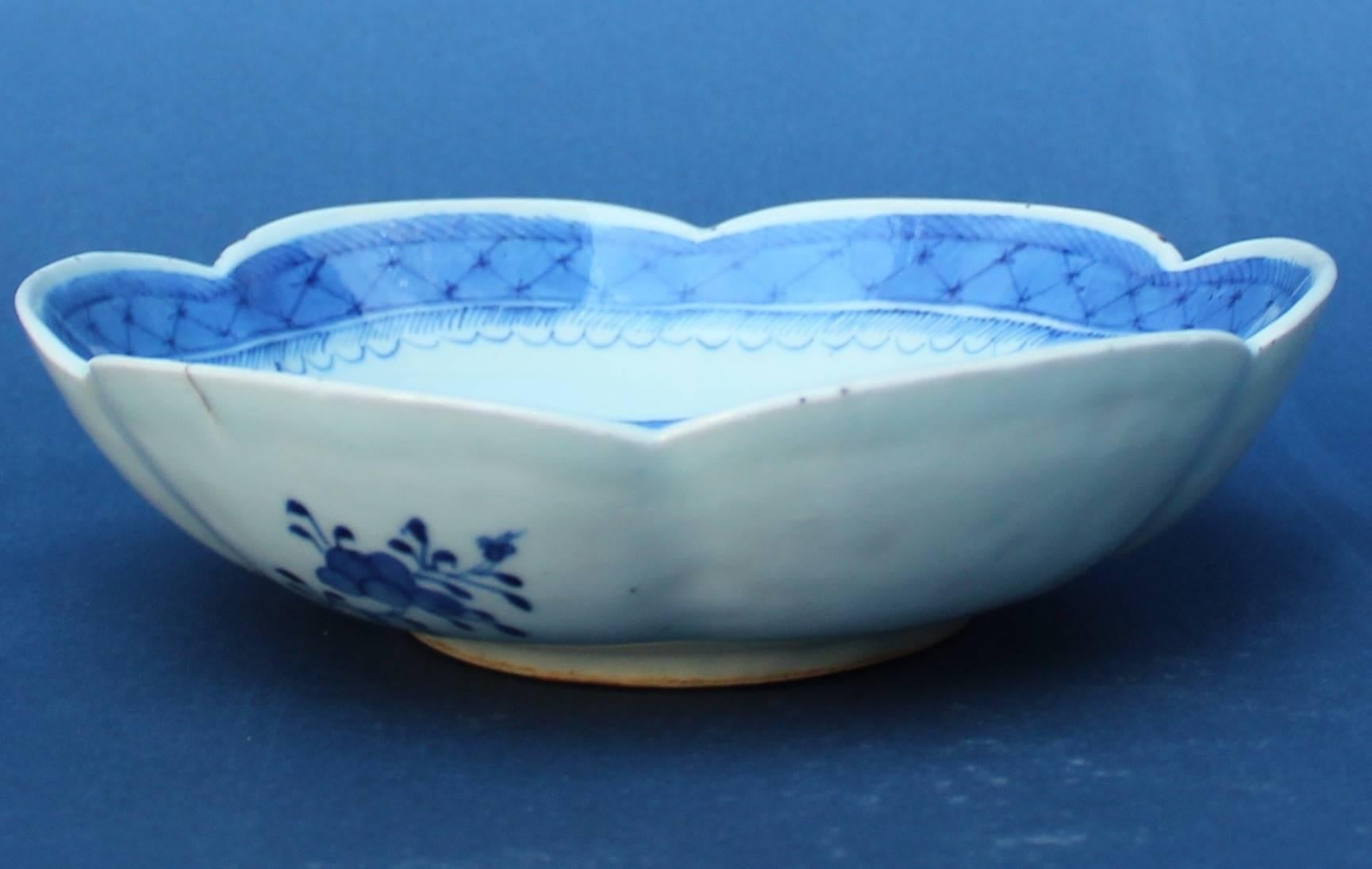 Chinese blue and white hand-painted glazed ceramic scallop Canton bowl.