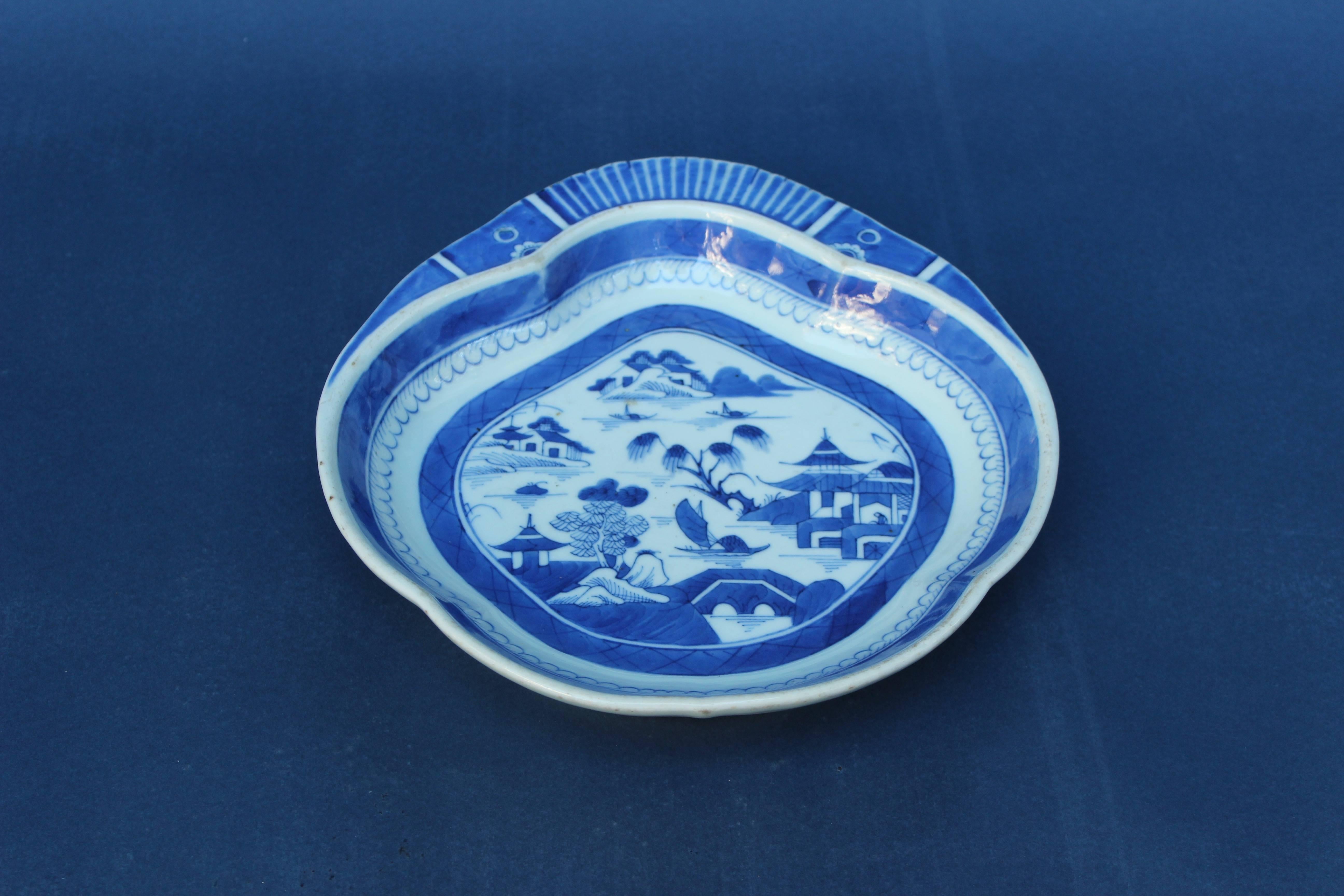 Chinese blue and white hand-painted glazed ceramic canton serving bowl.