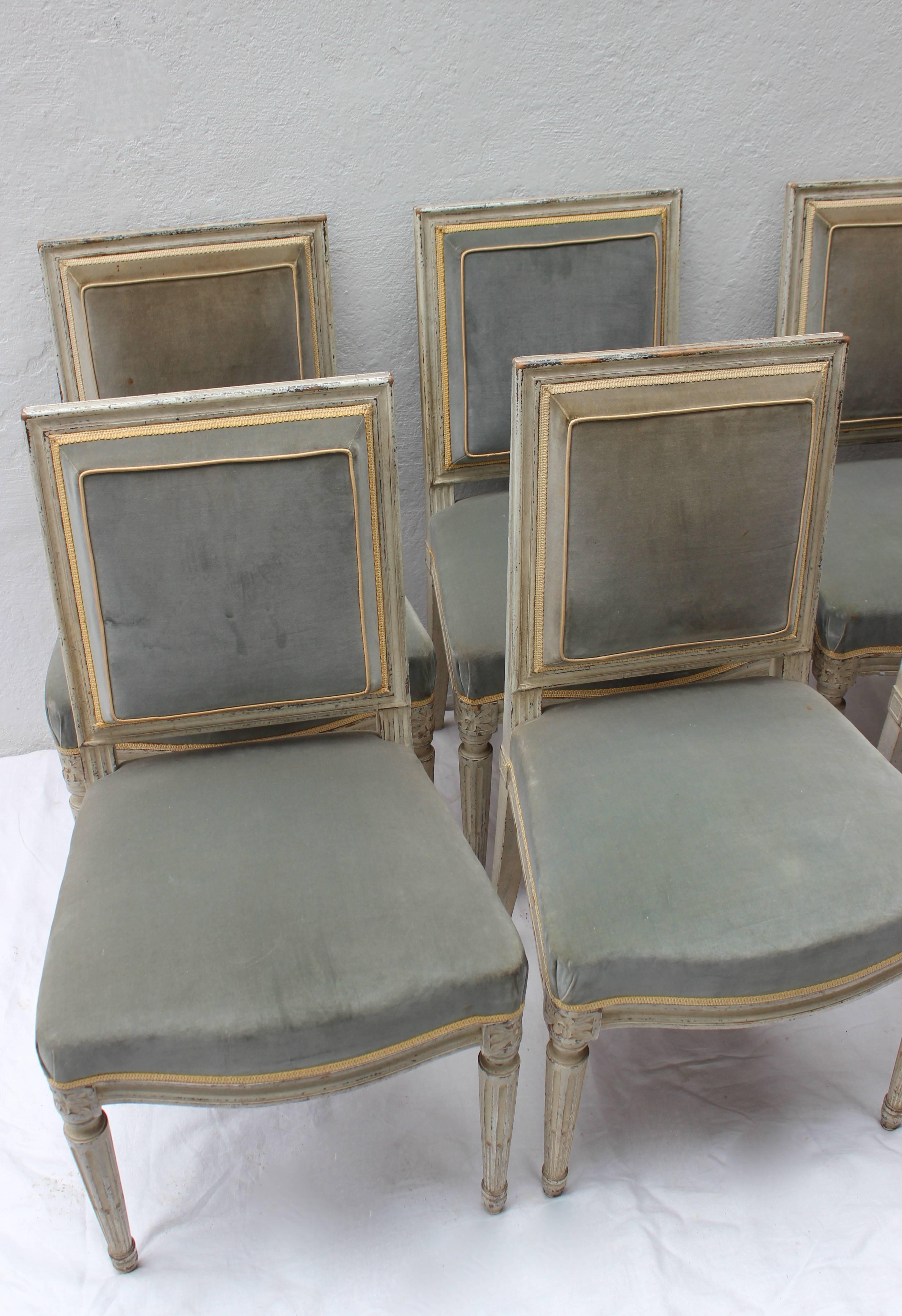 Set of six Louis XVI style dining chairs. Beautifully patinated and with original velvet upholstery.