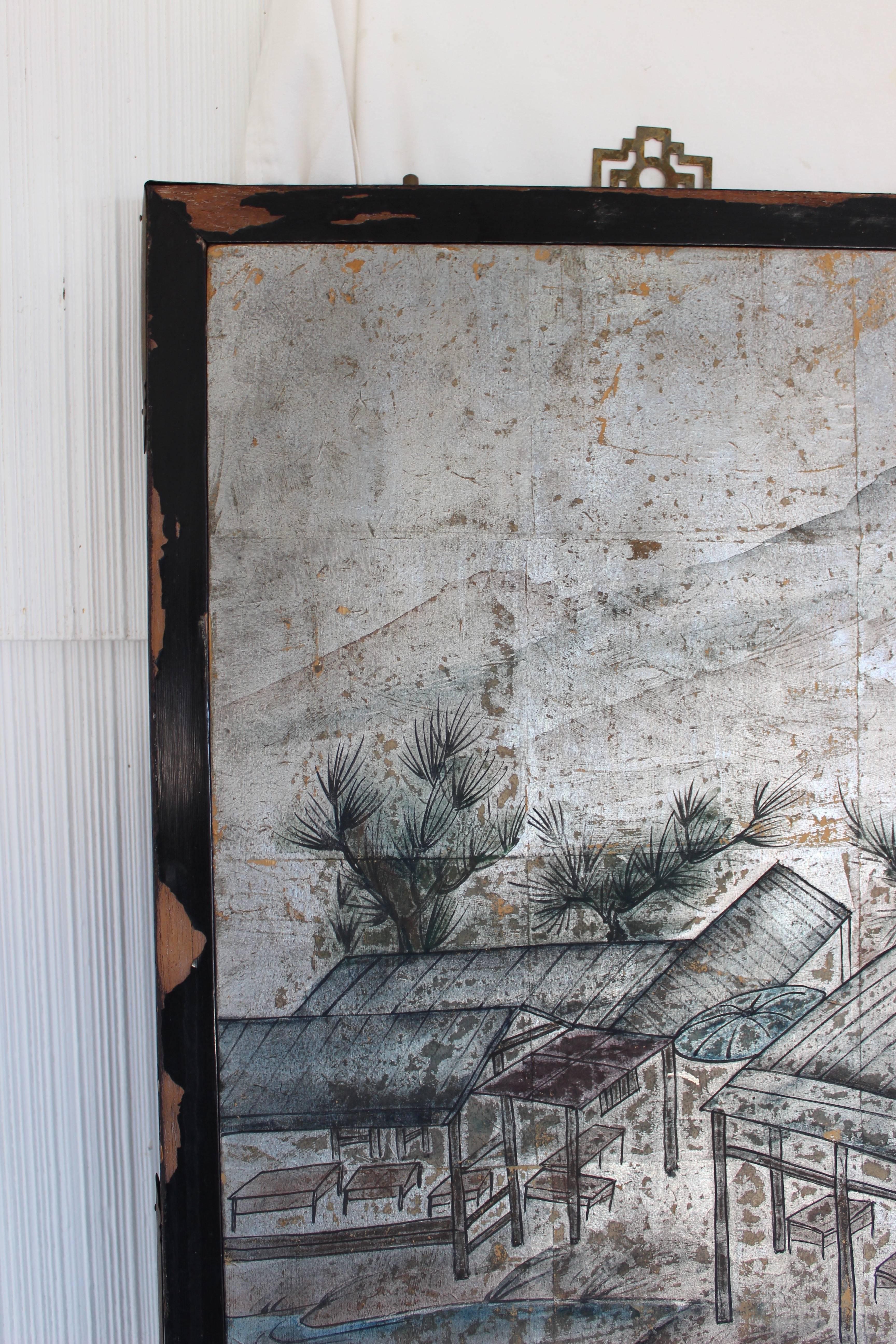 Chinese Watercolor Screen In Good Condition In East Hampton, NY