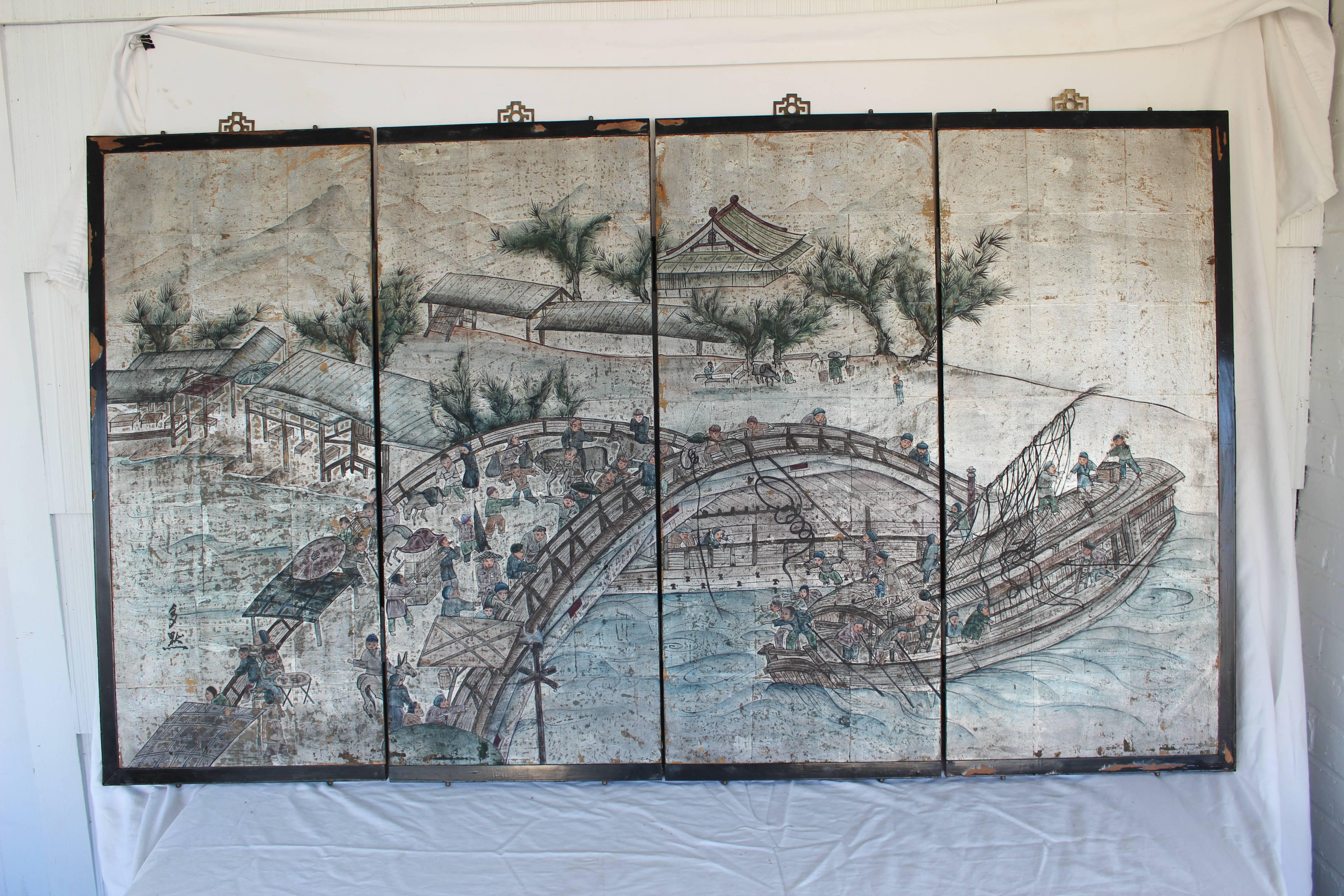 Gorgeous four-panel watercolor and gilt screen.