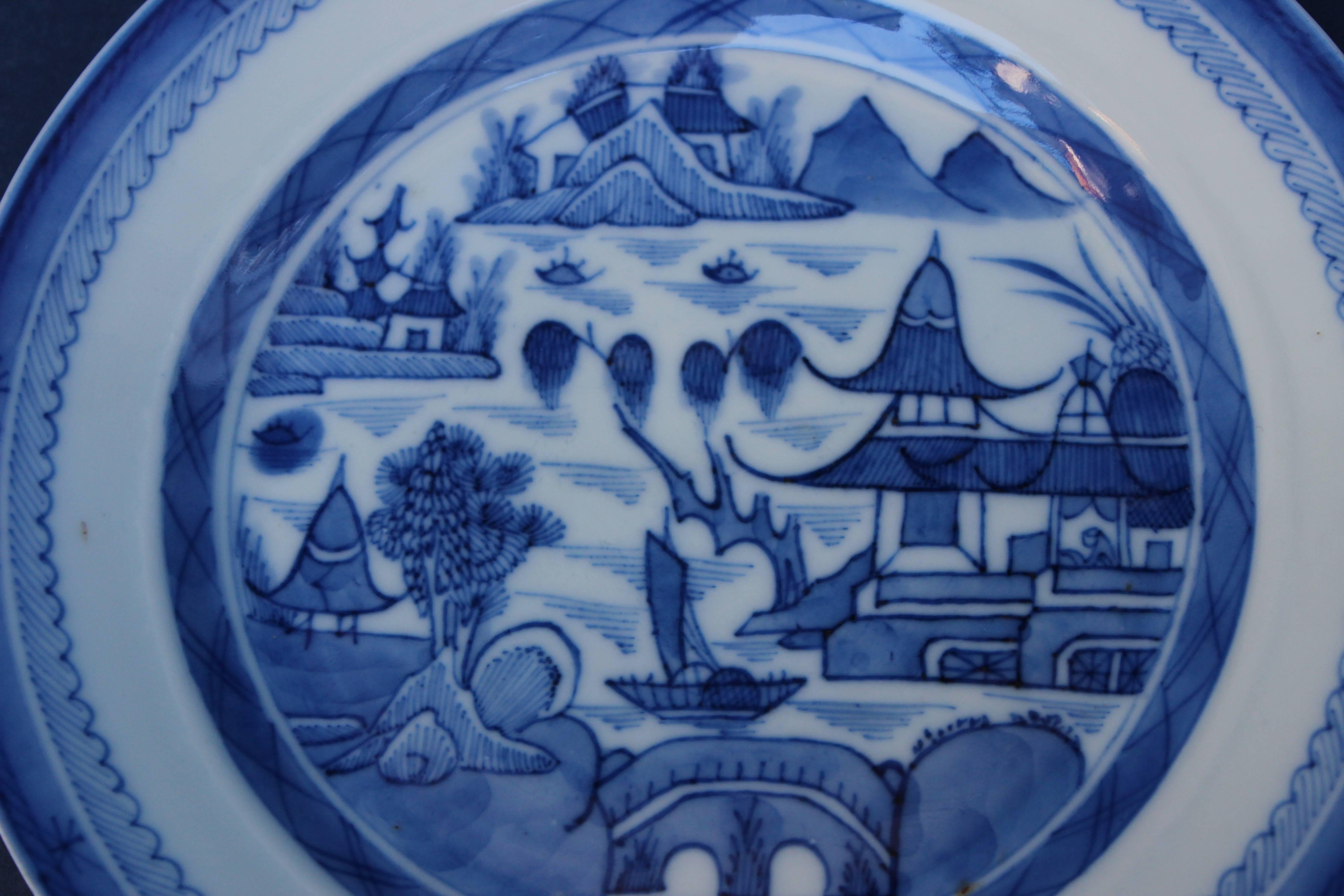 Pair of Chinese Blue and White Canton Plates... A few chips to the edges