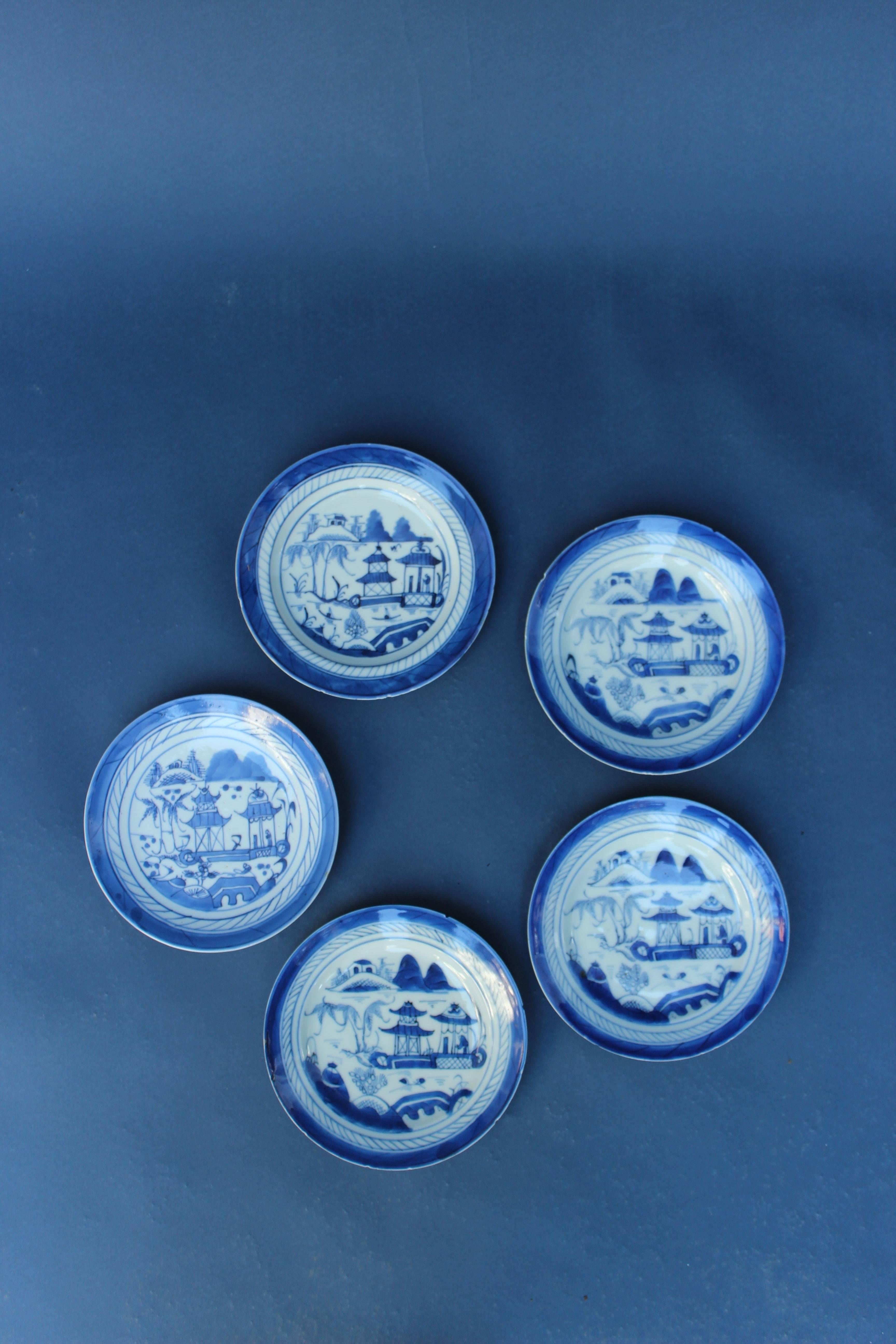 Set of Five Chinese Blue and White Canton Plates... Chips to the edges of plates