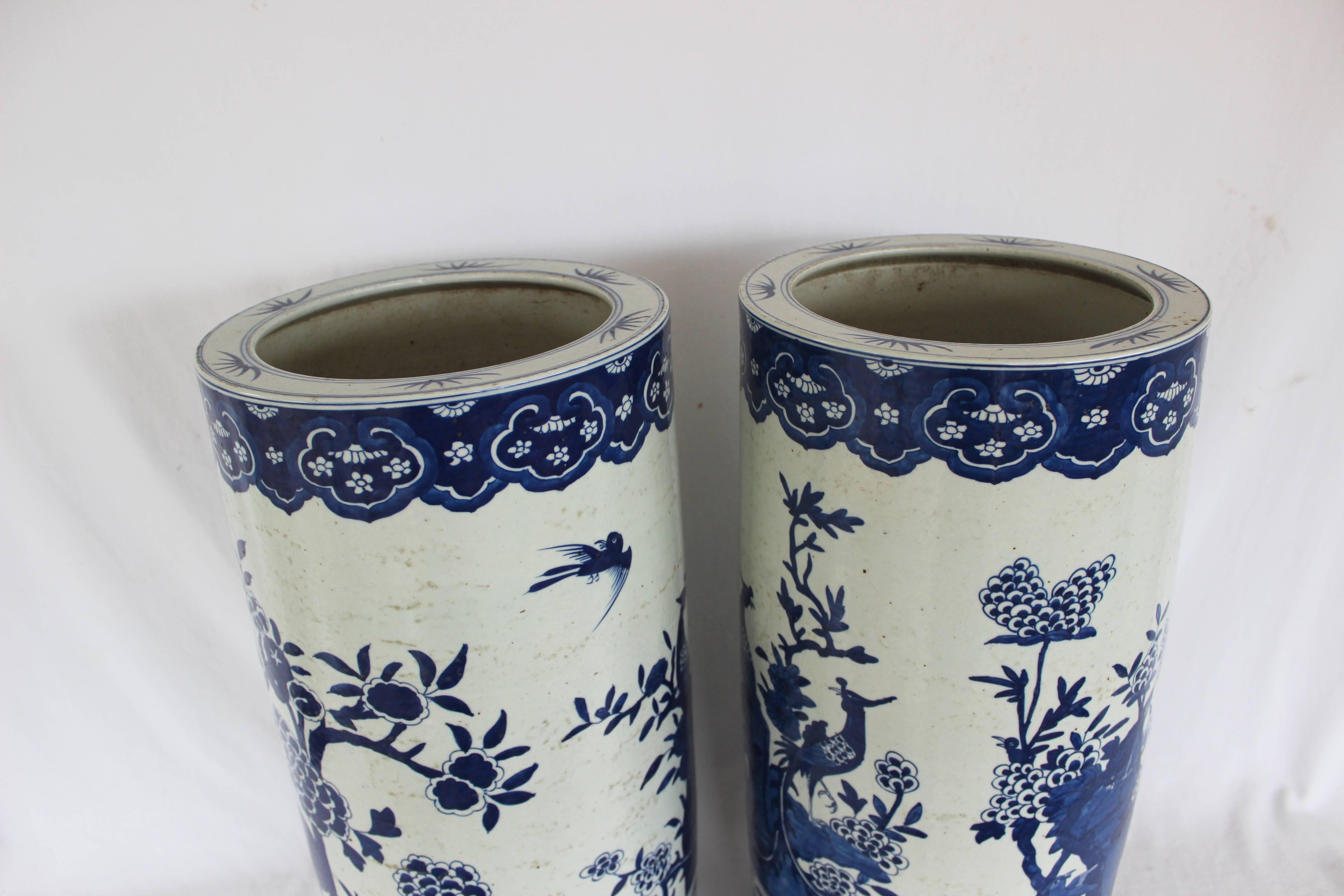 Late 20th Century Pair of Chinese Blue and White Umbrella Stands