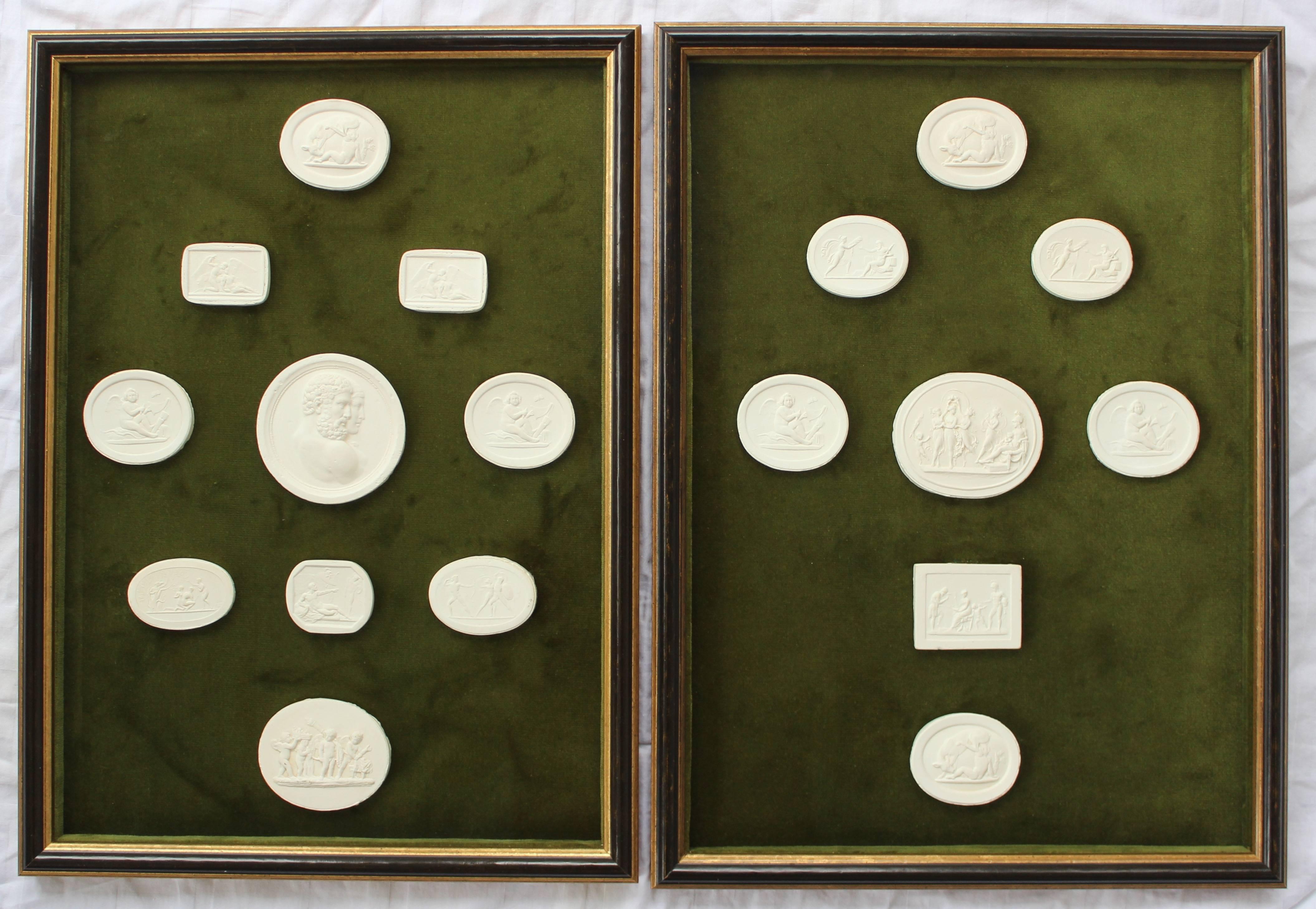Collection of plaster intaglios. Newly framed on green velvet.

The two frames are slightly different in size.