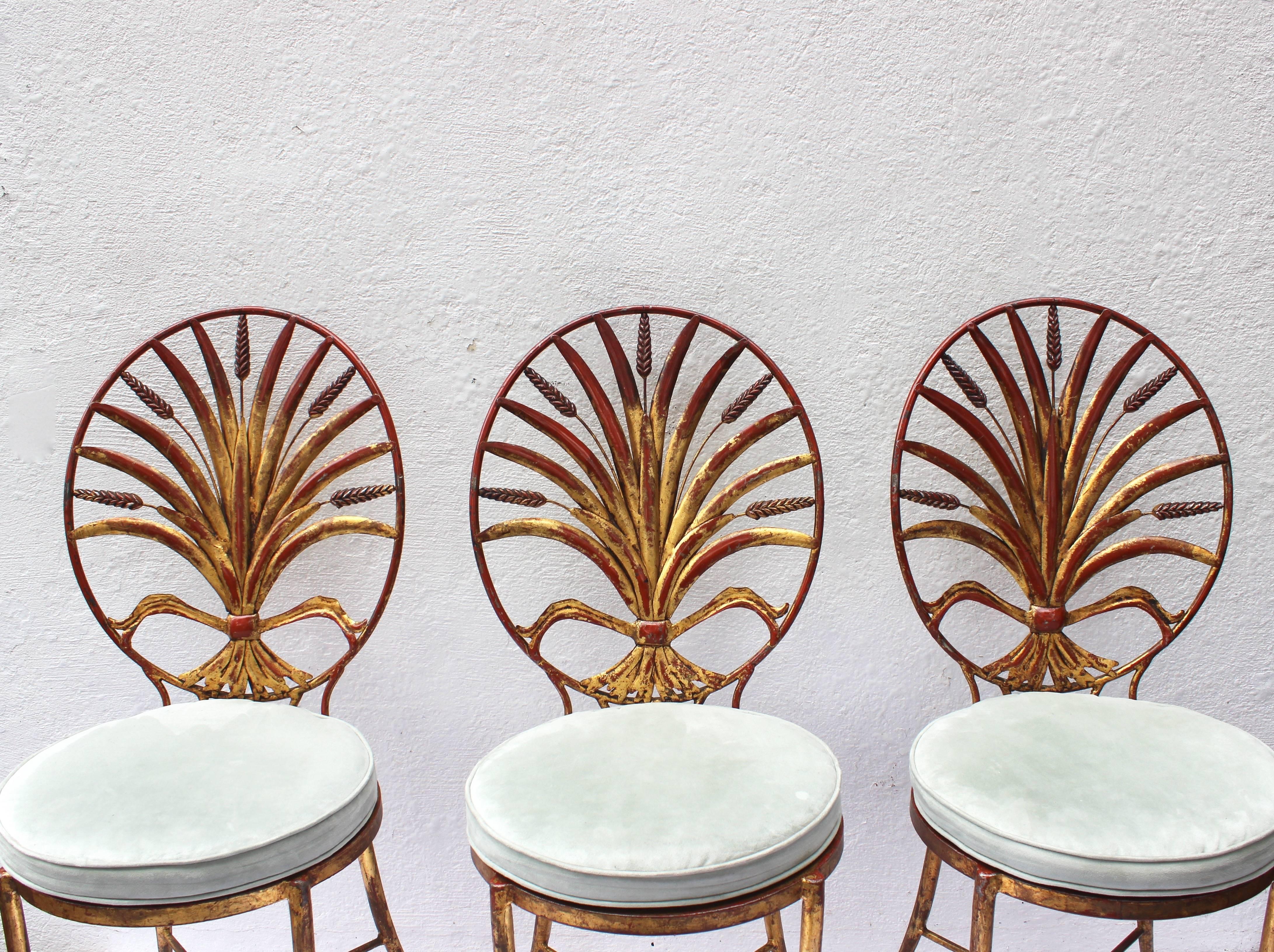 20th Century Set of Three Sheaf of Wheat Gilt Metal Chairs