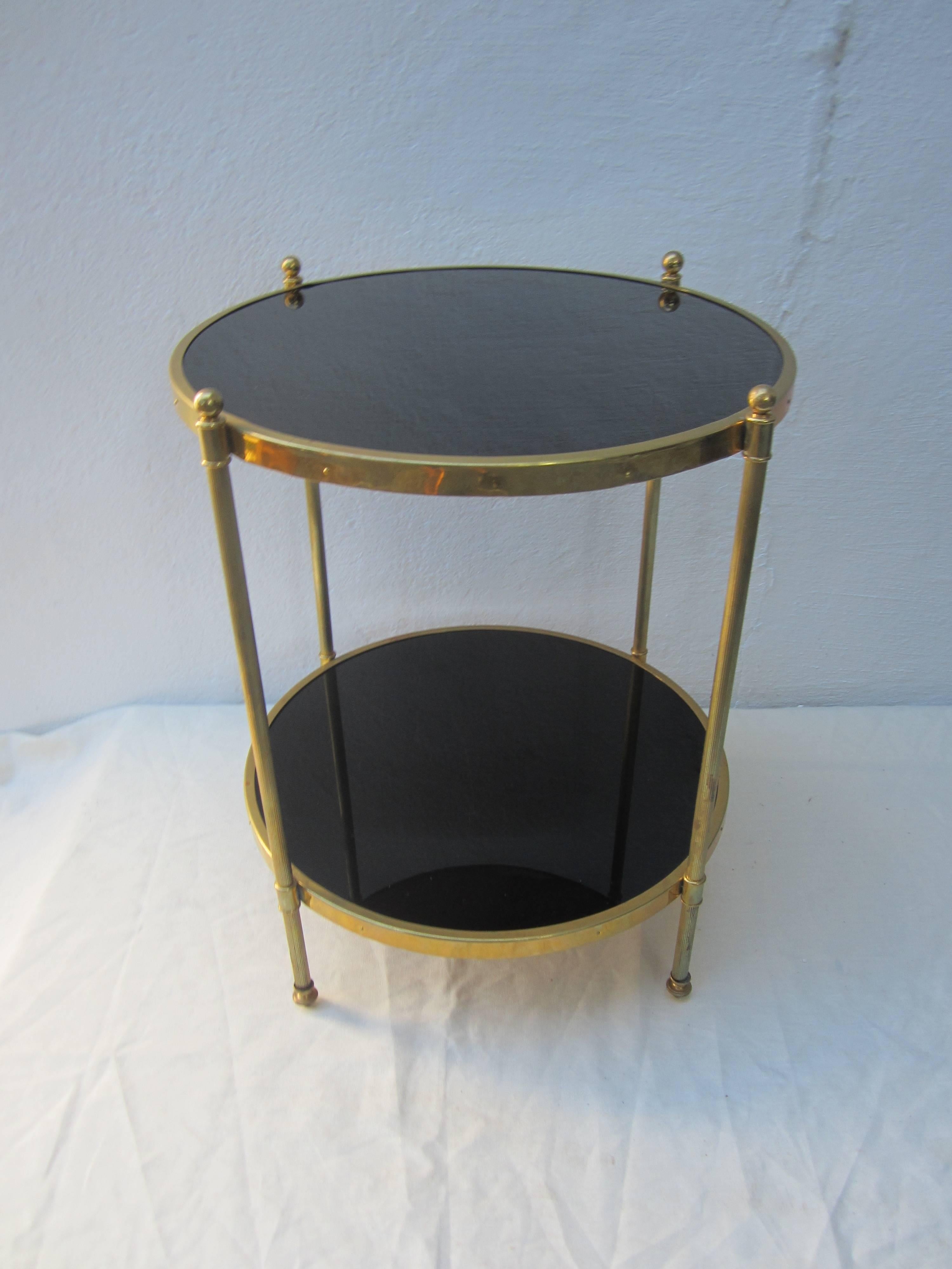 Two-Tier Brass and Black Glass Side Table In Excellent Condition In East Hampton, NY