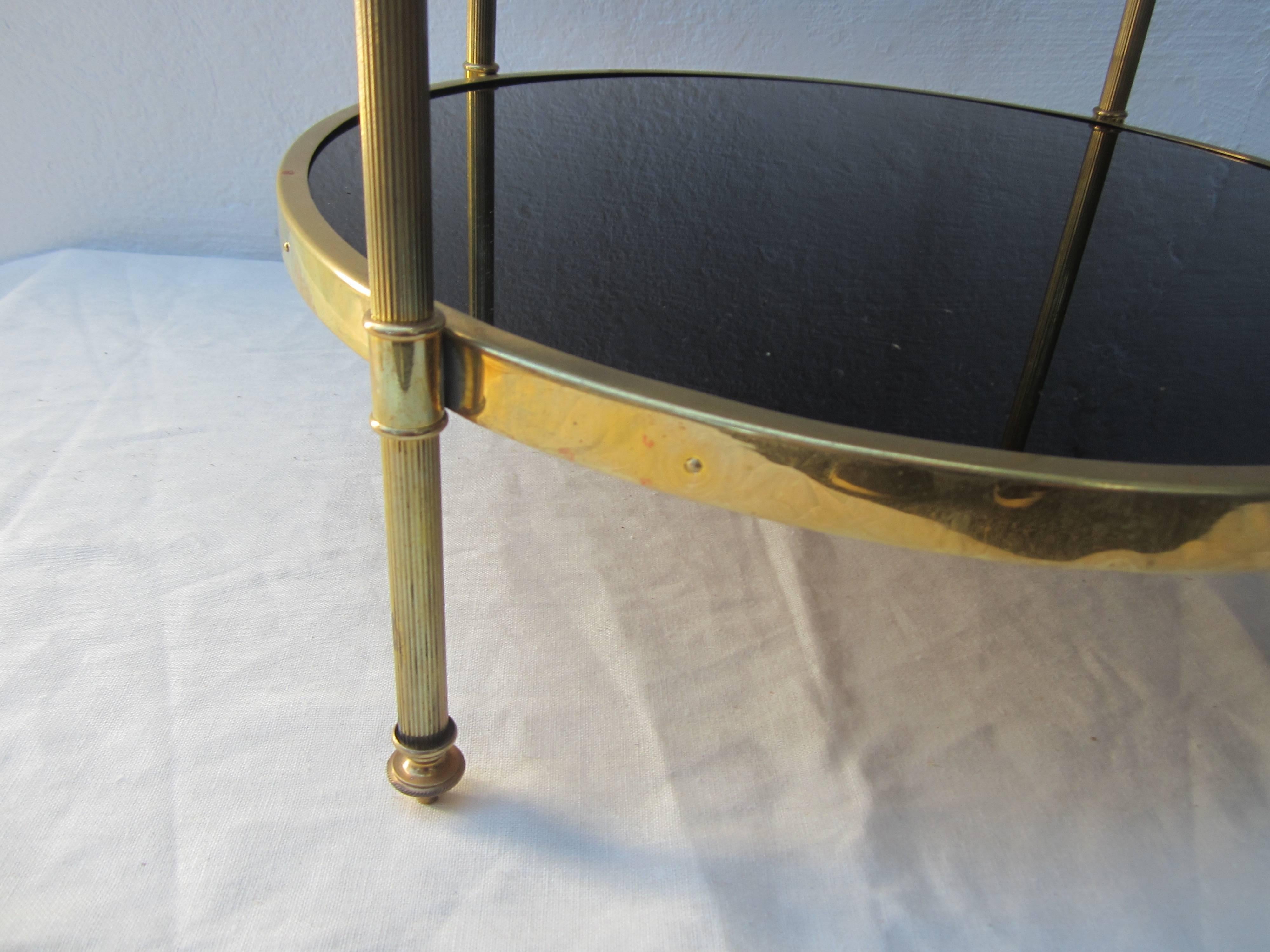 French Two-Tier Brass and Black Glass Side Table