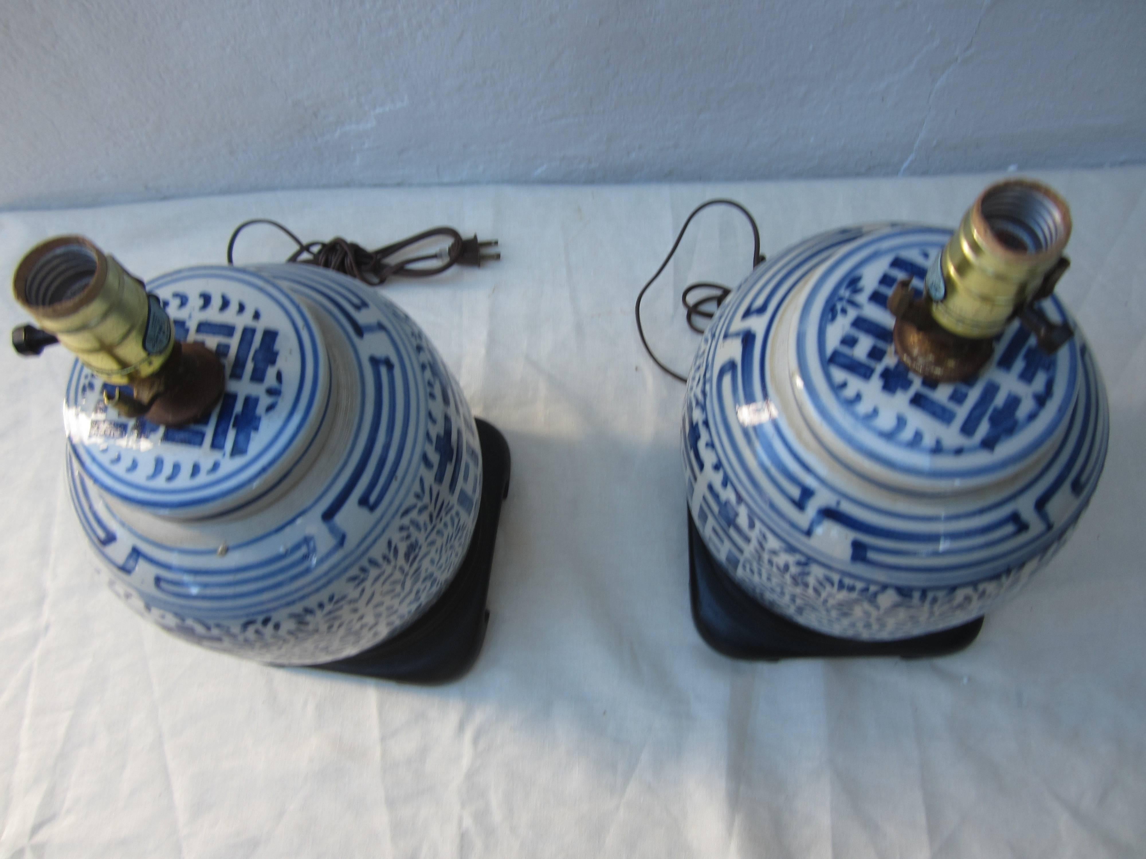 Pair of Chinese Blue and White Lamps In Excellent Condition In East Hampton, NY