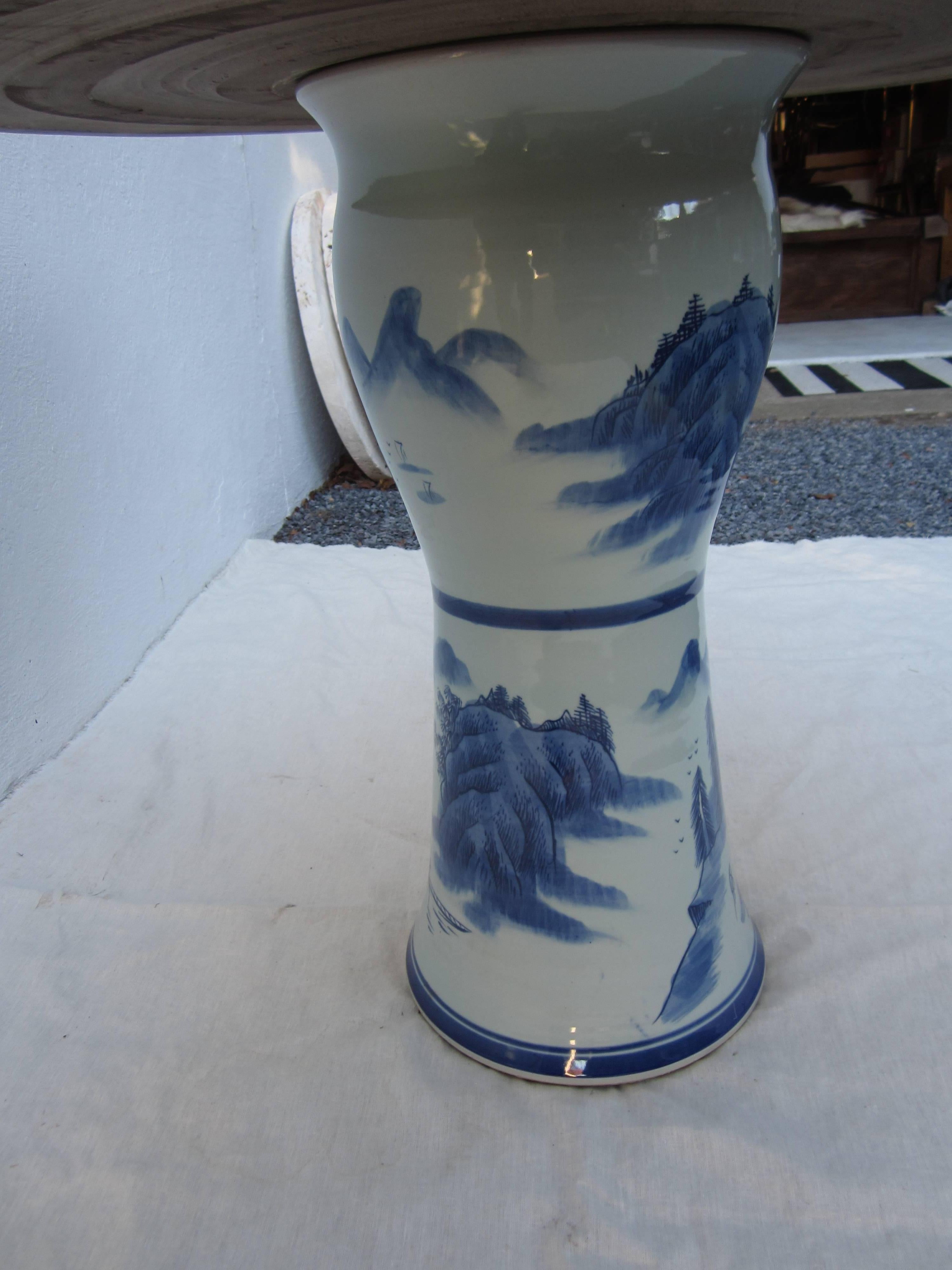 Very unique Chinese blue and white porcelain garden tabletop and base signed on top by artist.