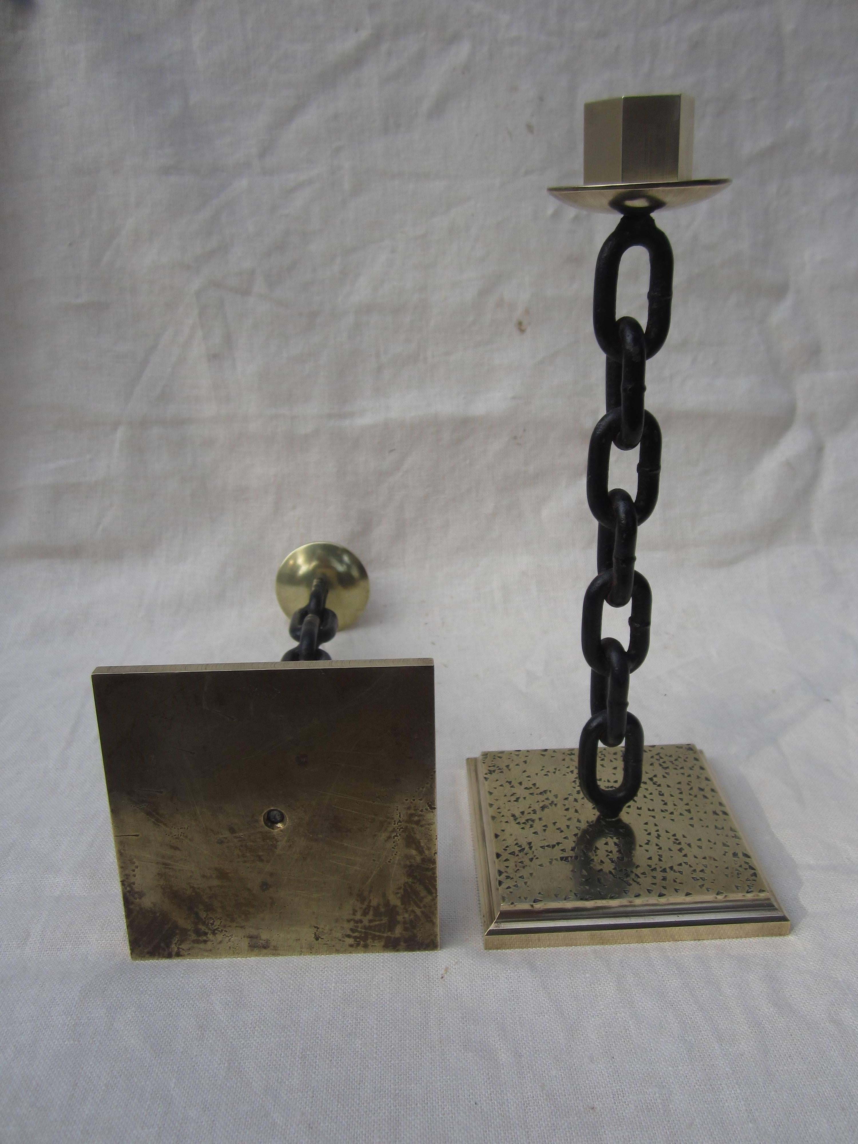 Brass and Iron Chain Candlesticks In Excellent Condition In East Hampton, NY