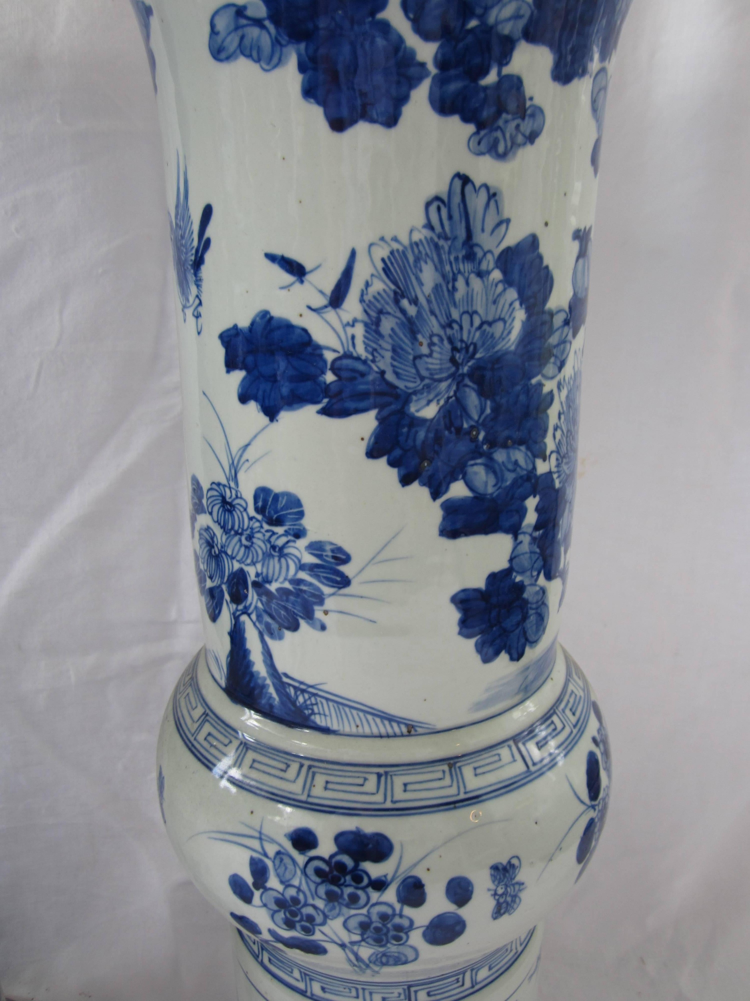 Pair of large blue and white Chinese trumpet vases.