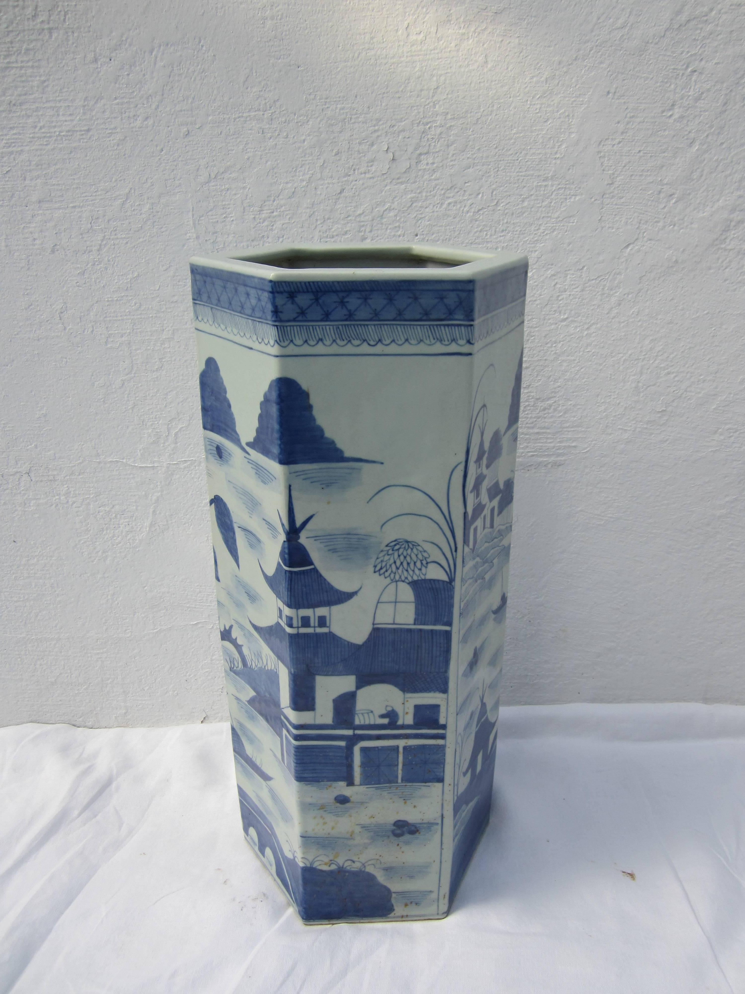 20th Century Octagonal Blue and White Umbrella Stand