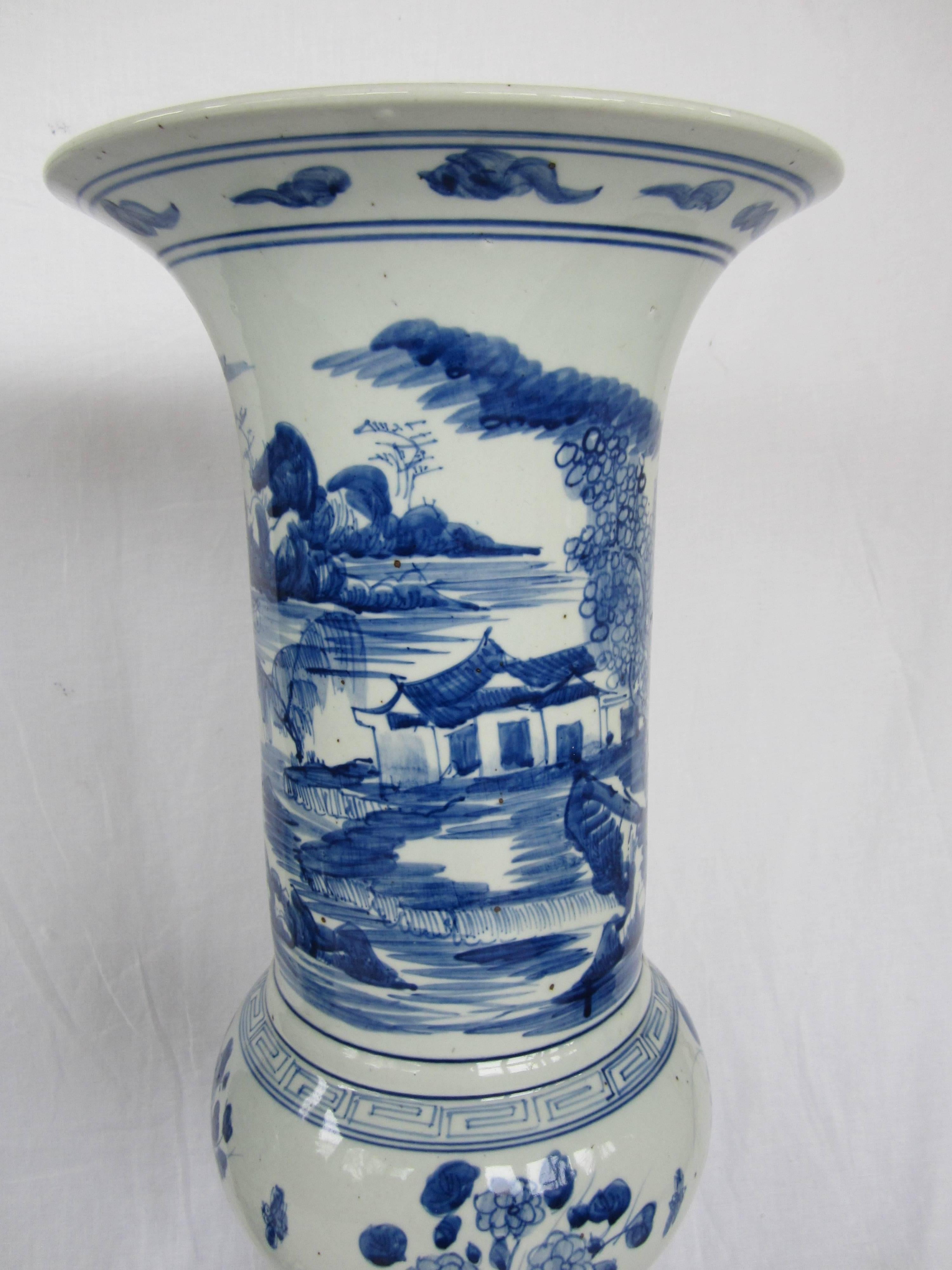 Pair of Large Blue and White Chinese Trumpet Vases In Excellent Condition For Sale In East Hampton, NY