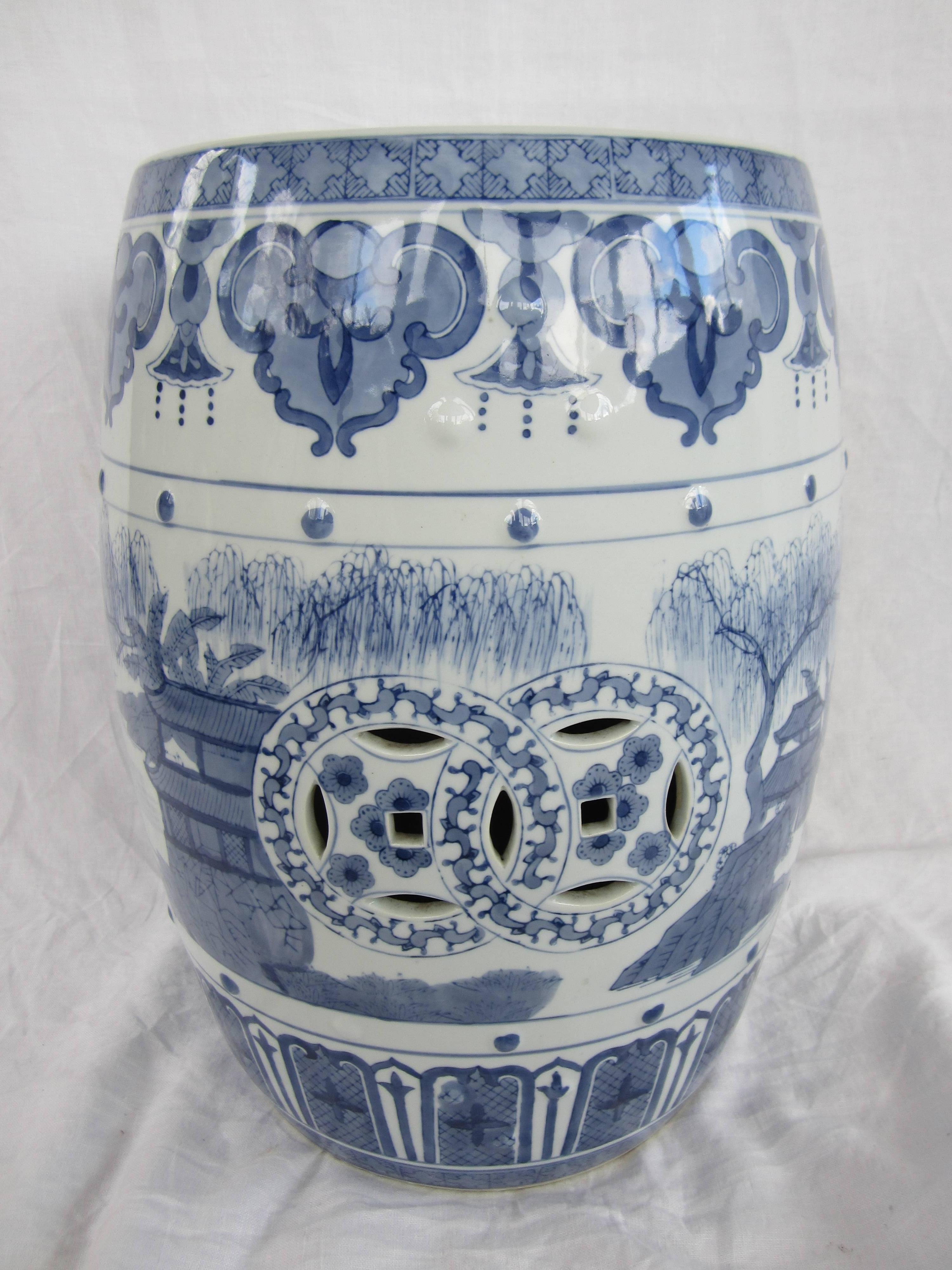 1970s Chinese blue and white garden stool.