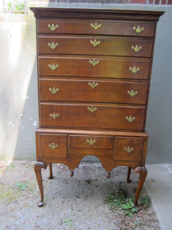 Beautiful tiger maple highboy of excellent quality and condition in two pieces.