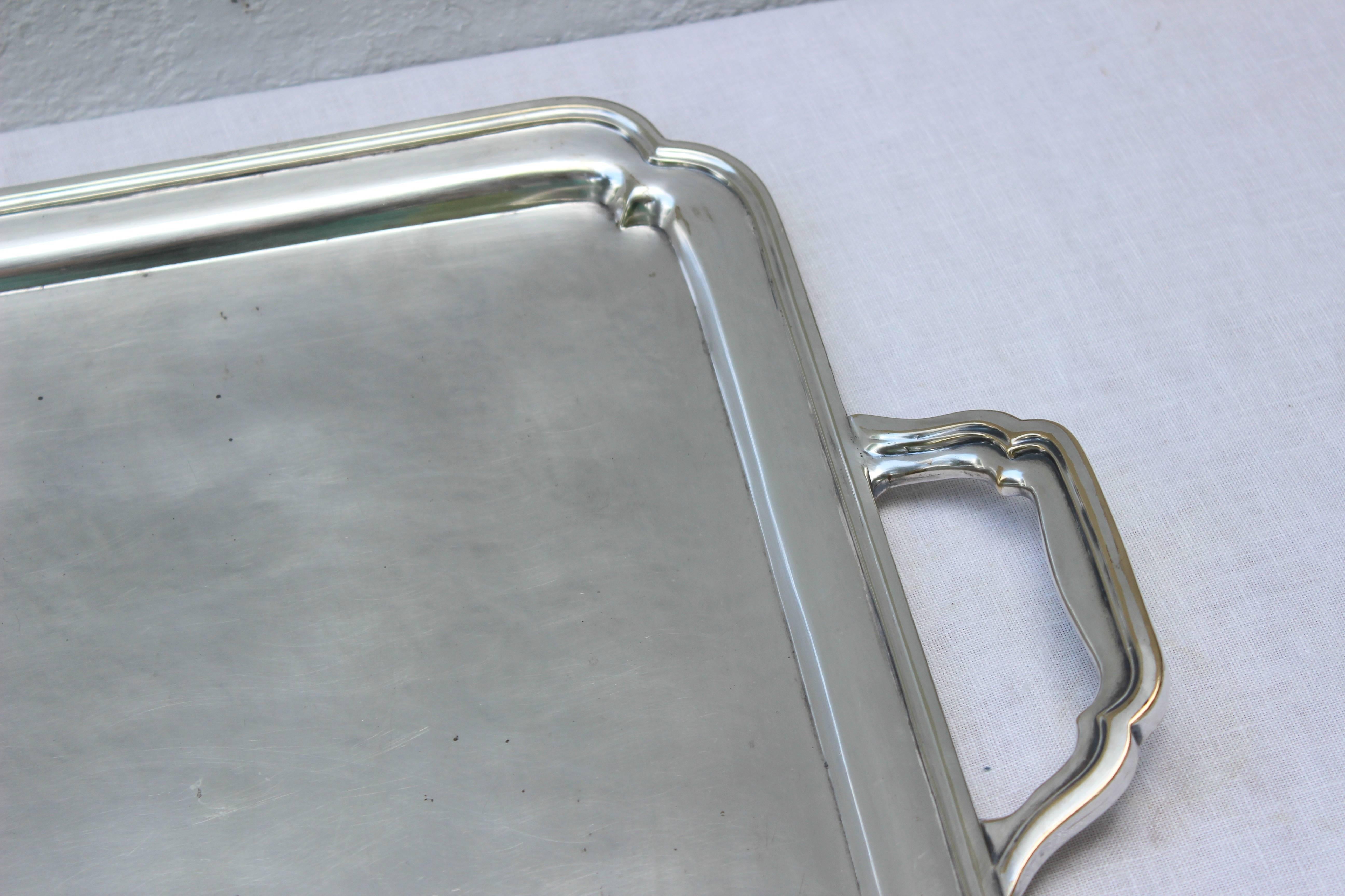 Large Sheffield silver plated brass serving tray. Unmarked

Weight: 8 lbs.