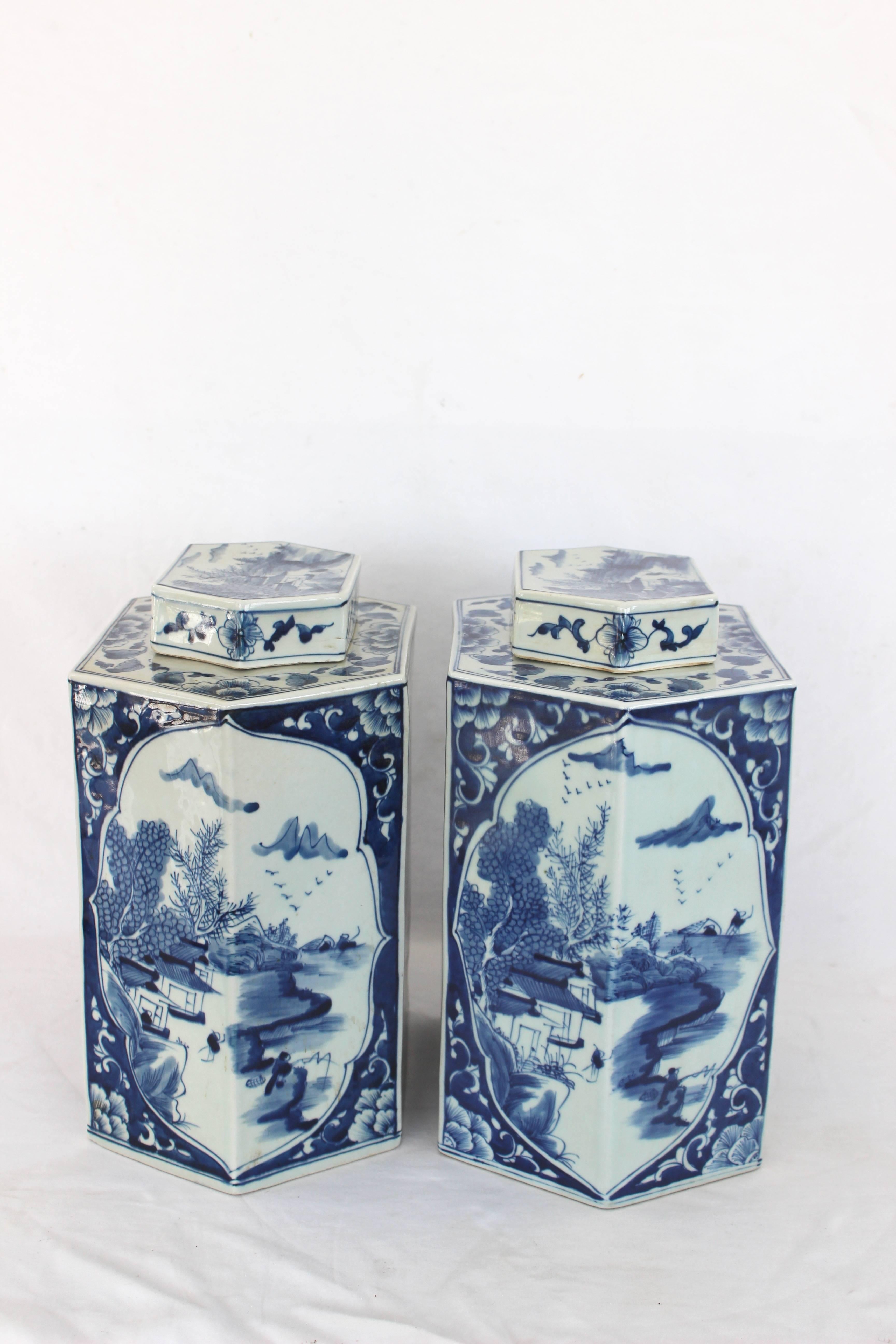 Pair of Hexagonal Chinese Blue and White Tea Caddies 1