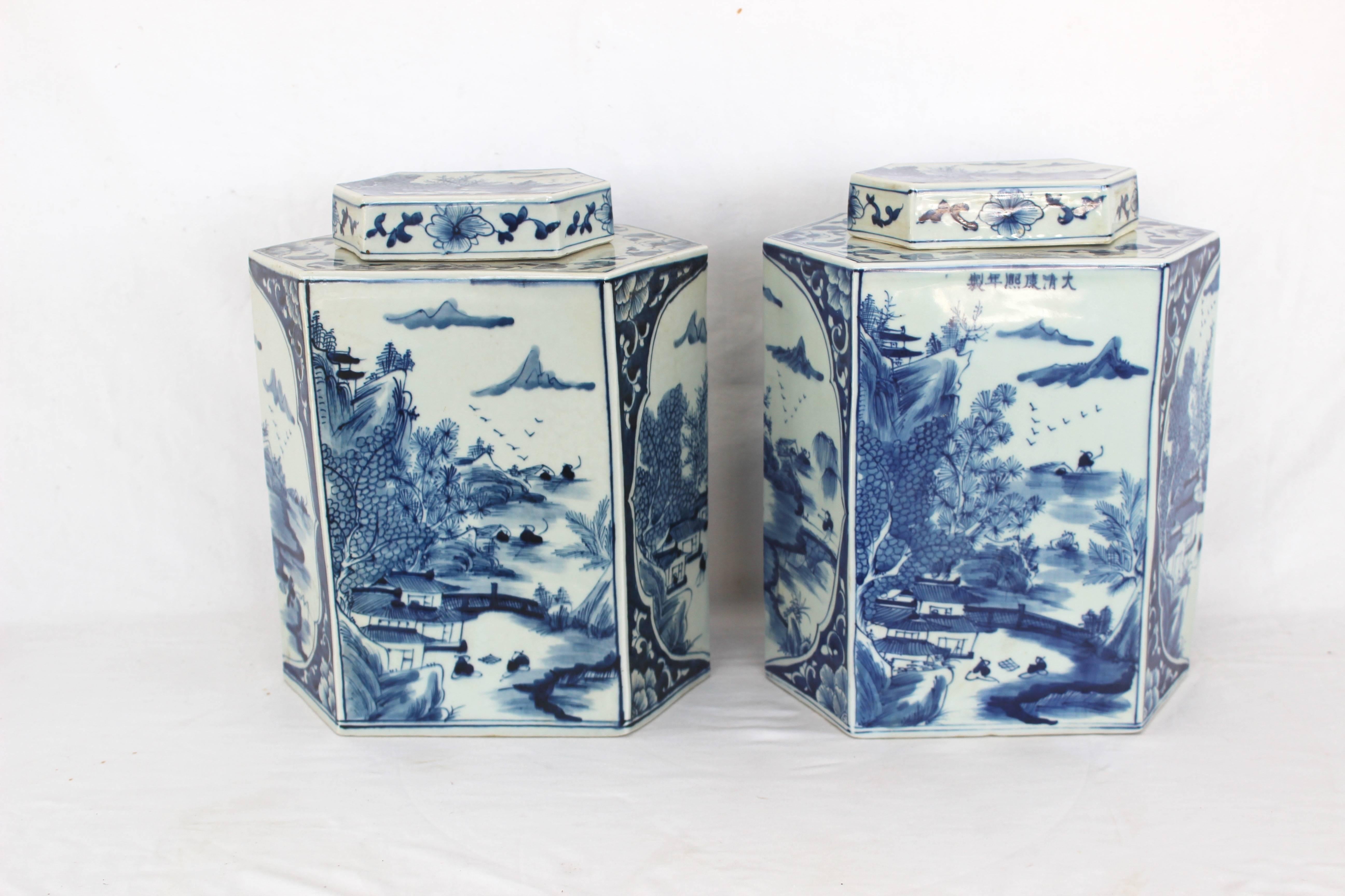 Pair of Hexagonal Chinese Blue and White Tea Caddies with Lids. 
Excellent condition.