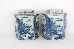 Pair of Hexagonal Chinese Blue and White Tea Caddies
