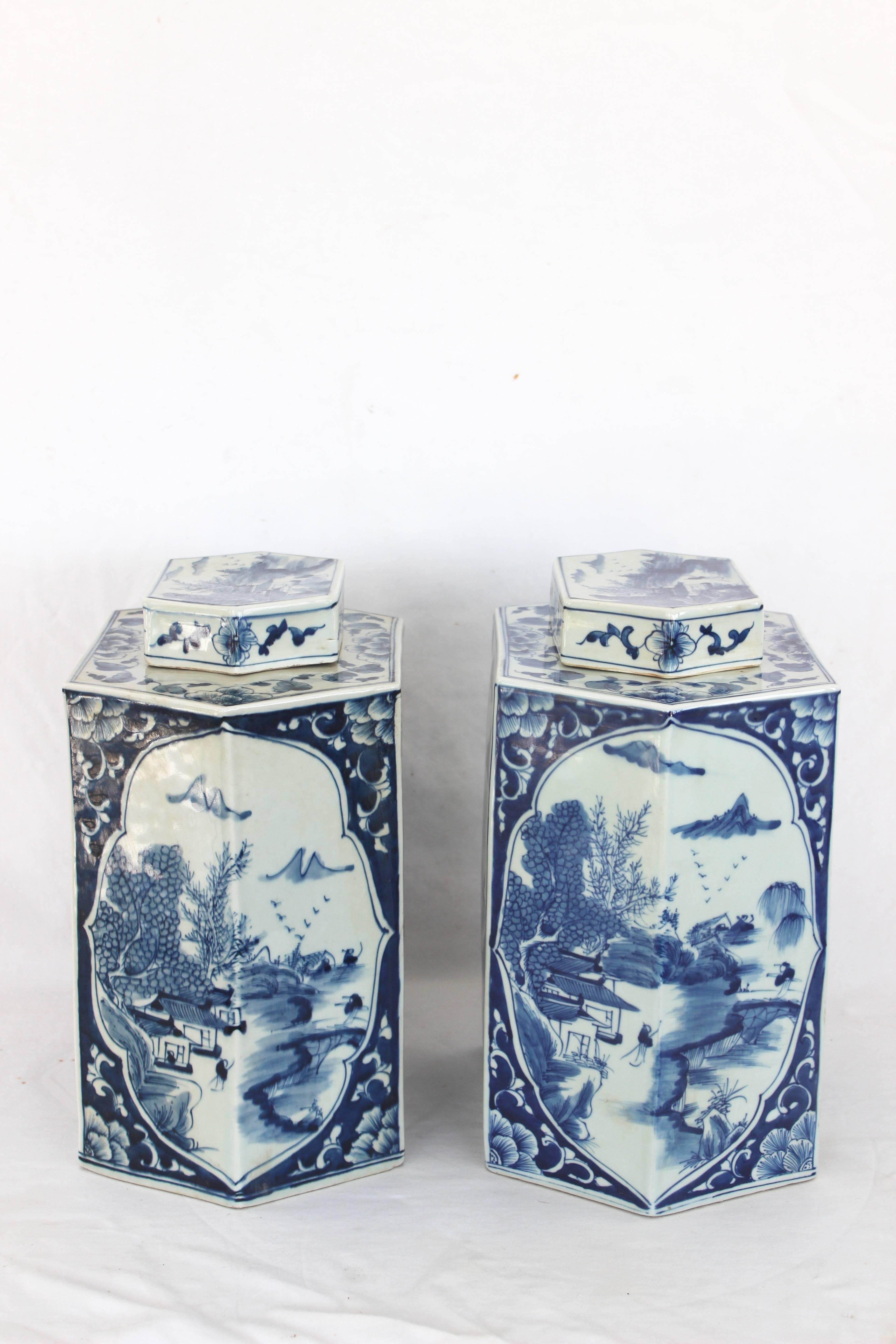 20th Century Pair of Hexagonal Chinese Blue and White Tea Caddies