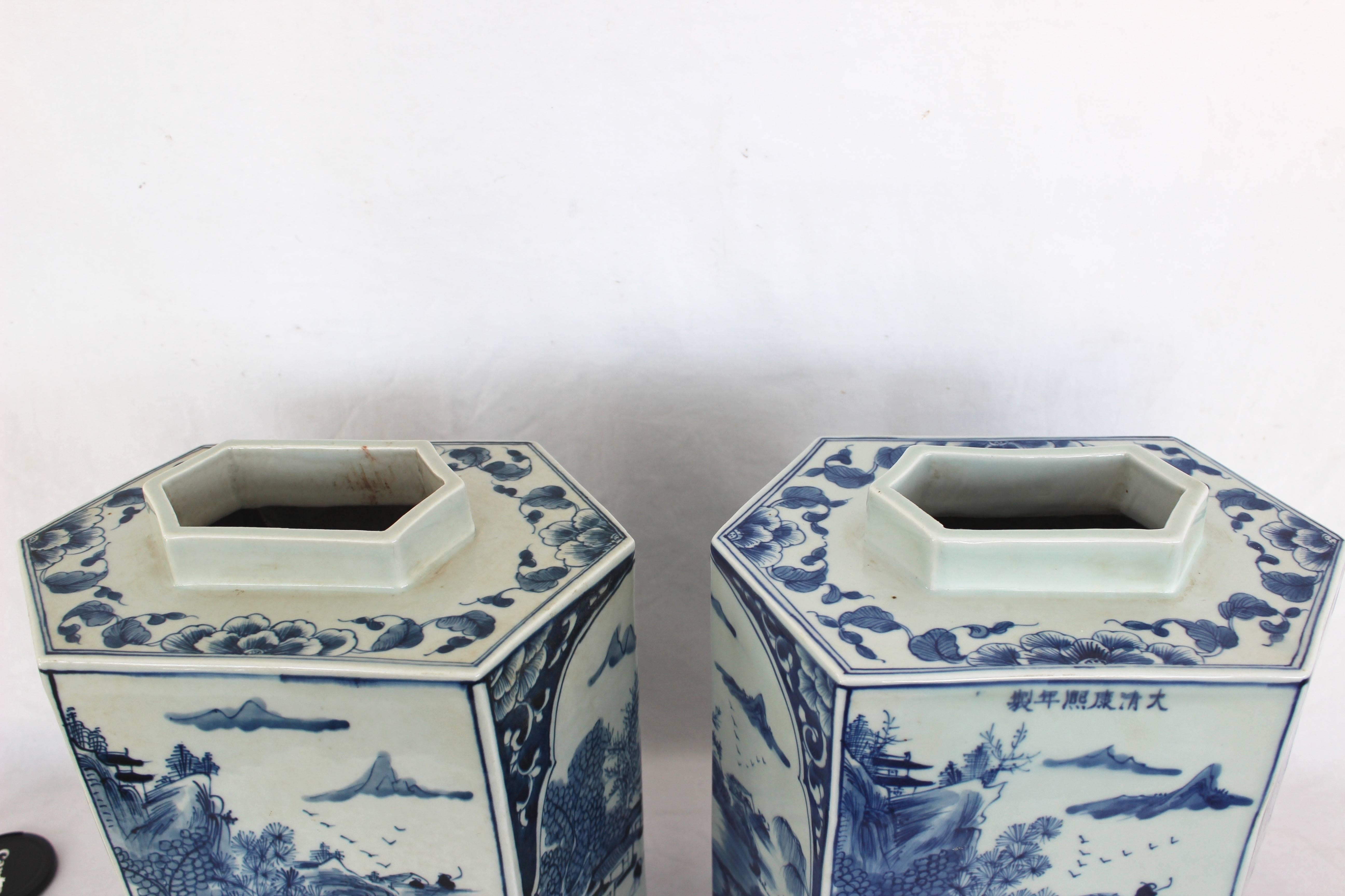 Pair of Hexagonal Chinese Blue and White Tea Caddies 4