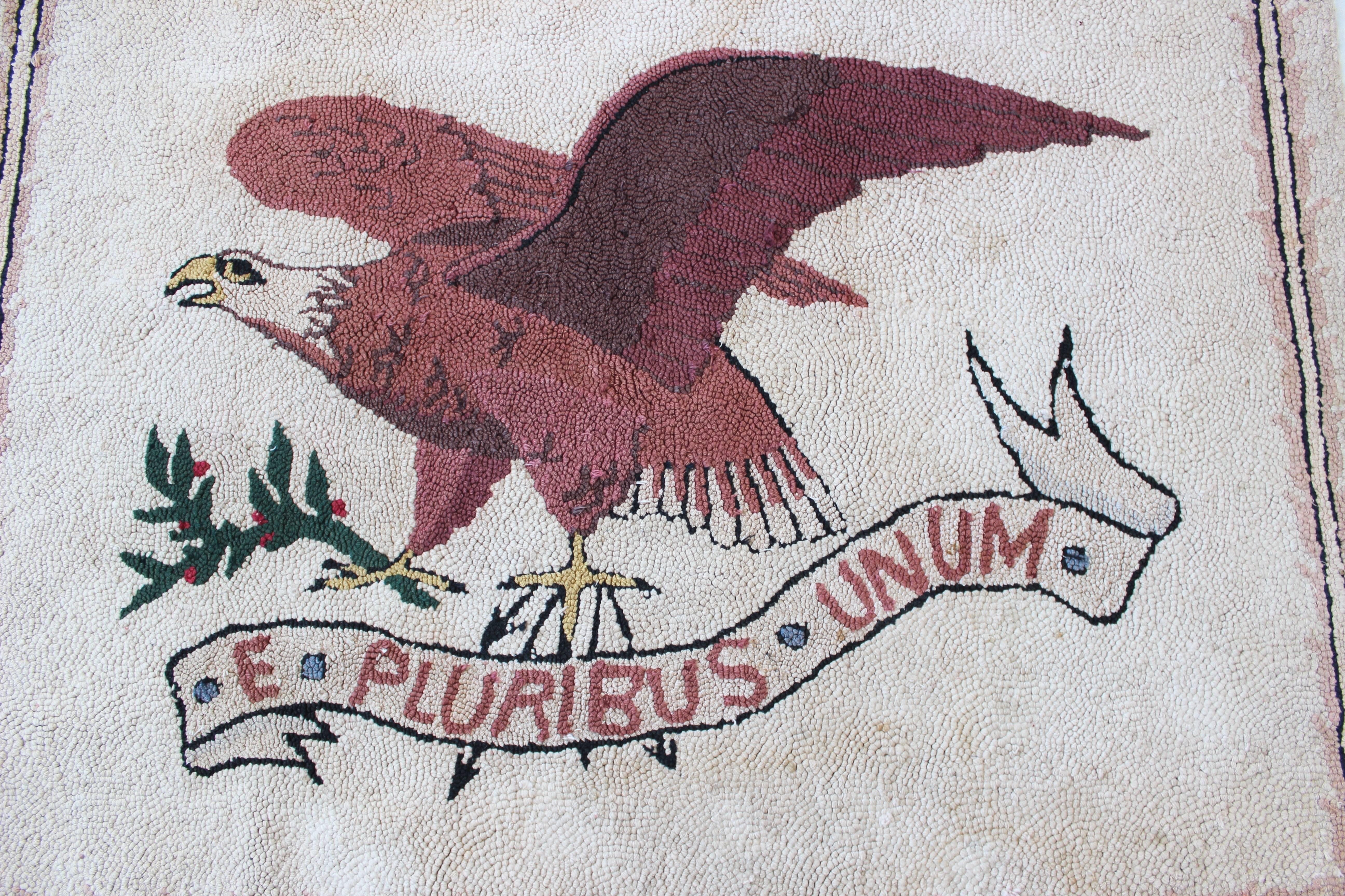 Patriotic Eagle Hook Rug with the motto of the US "E PLURIBUS UNUM".