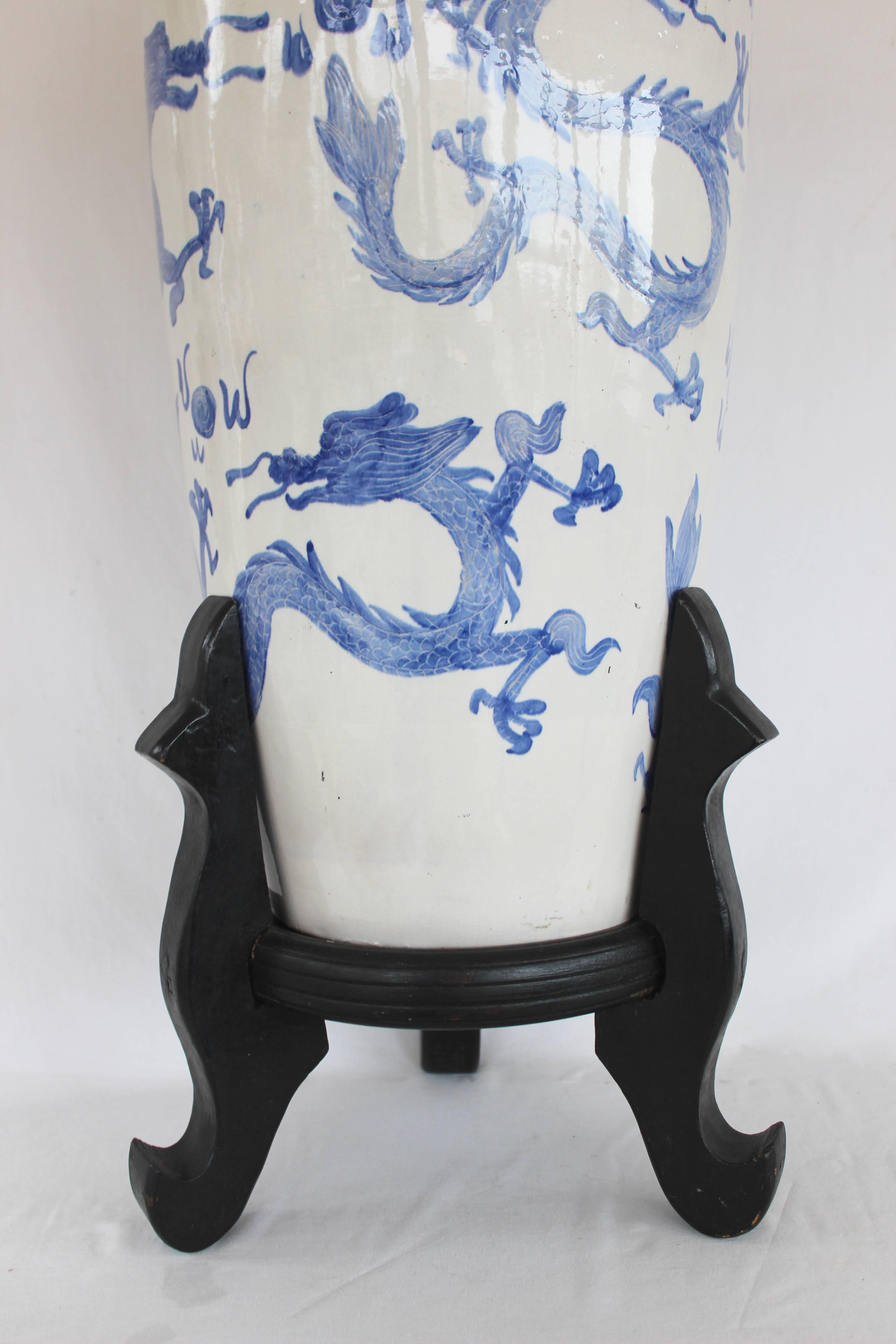 large blue and white floor vase