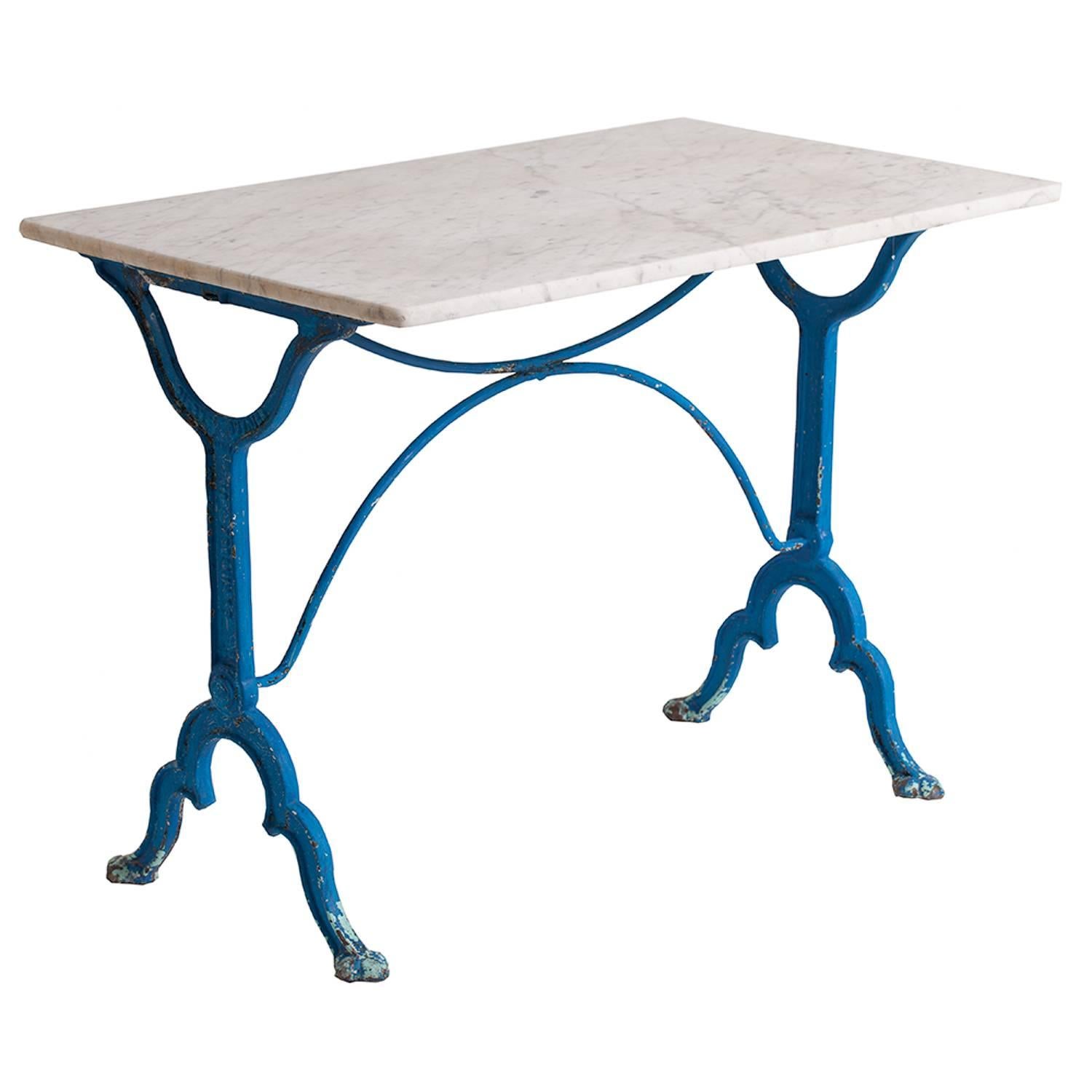 Antique French Blue Painted Bistro Table with Marble-Top, circa 1900