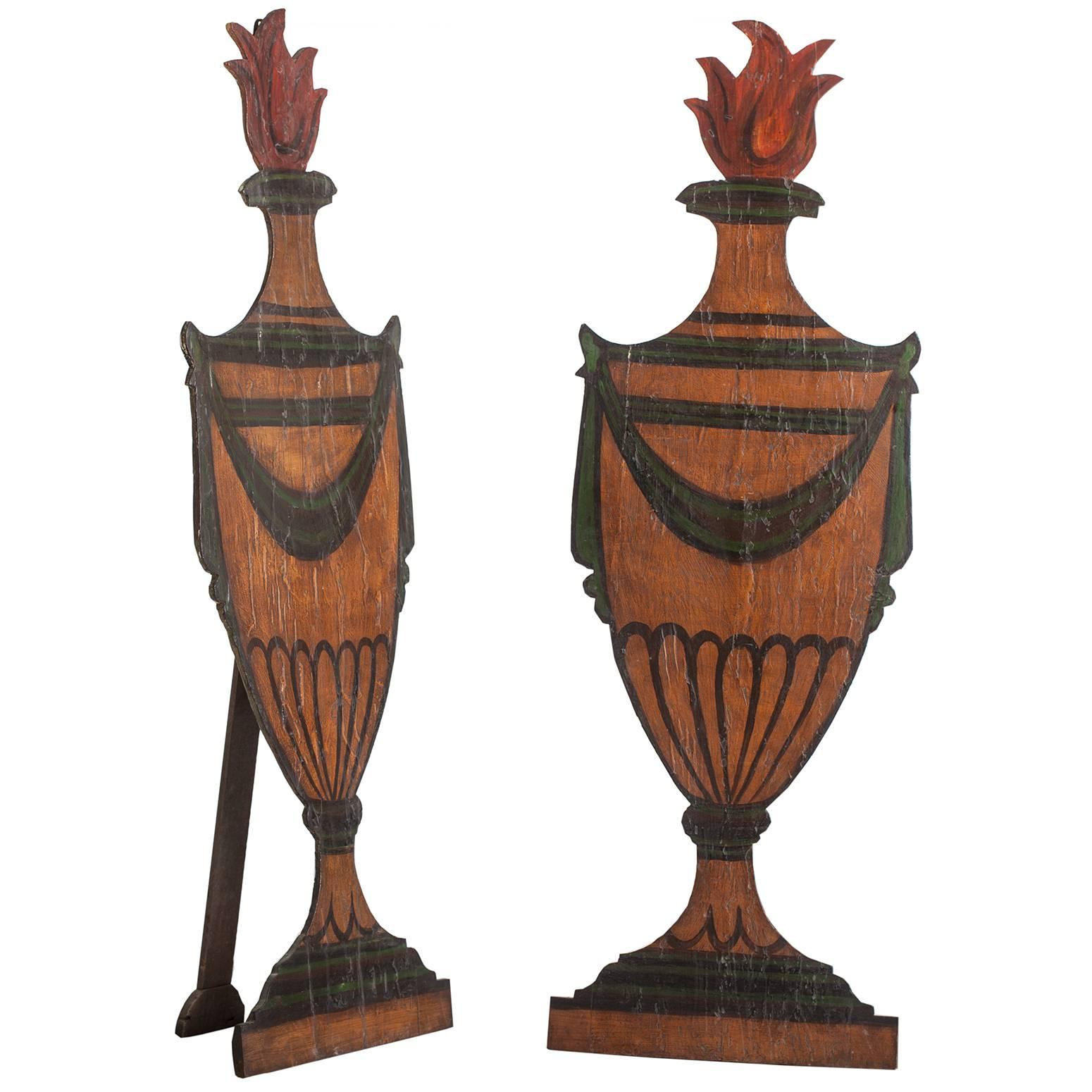 Pair of French Painted Wood Two Dimensional Urns, circa 1880