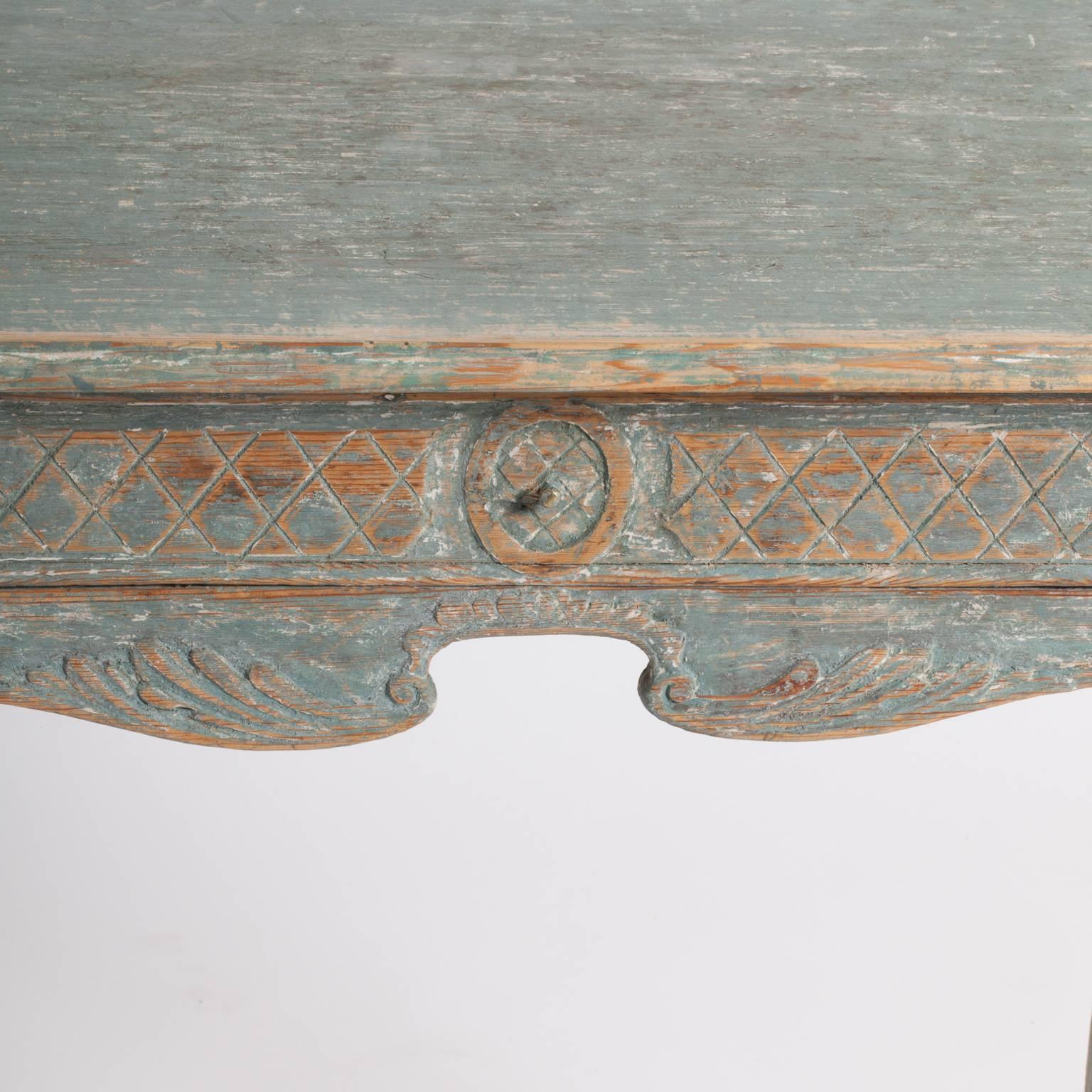 Carved A Swedish Rococo Period Console Table in a Seafoam Paint, circa 1760