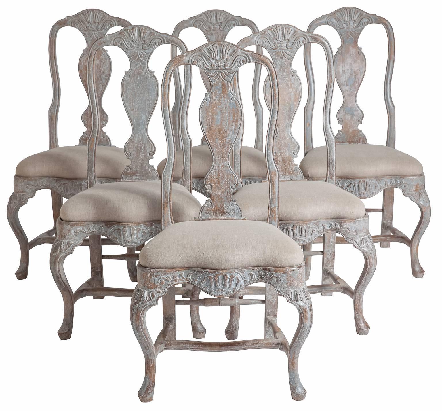 Set of Six Swedish Rococo Style Dining Chairs, Late 19th Century