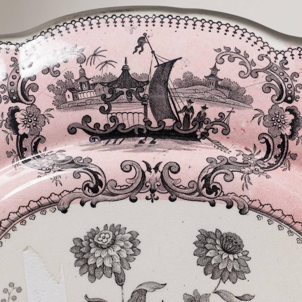 Romantic Antique English Pink and Black Transferware Platter with Flowers