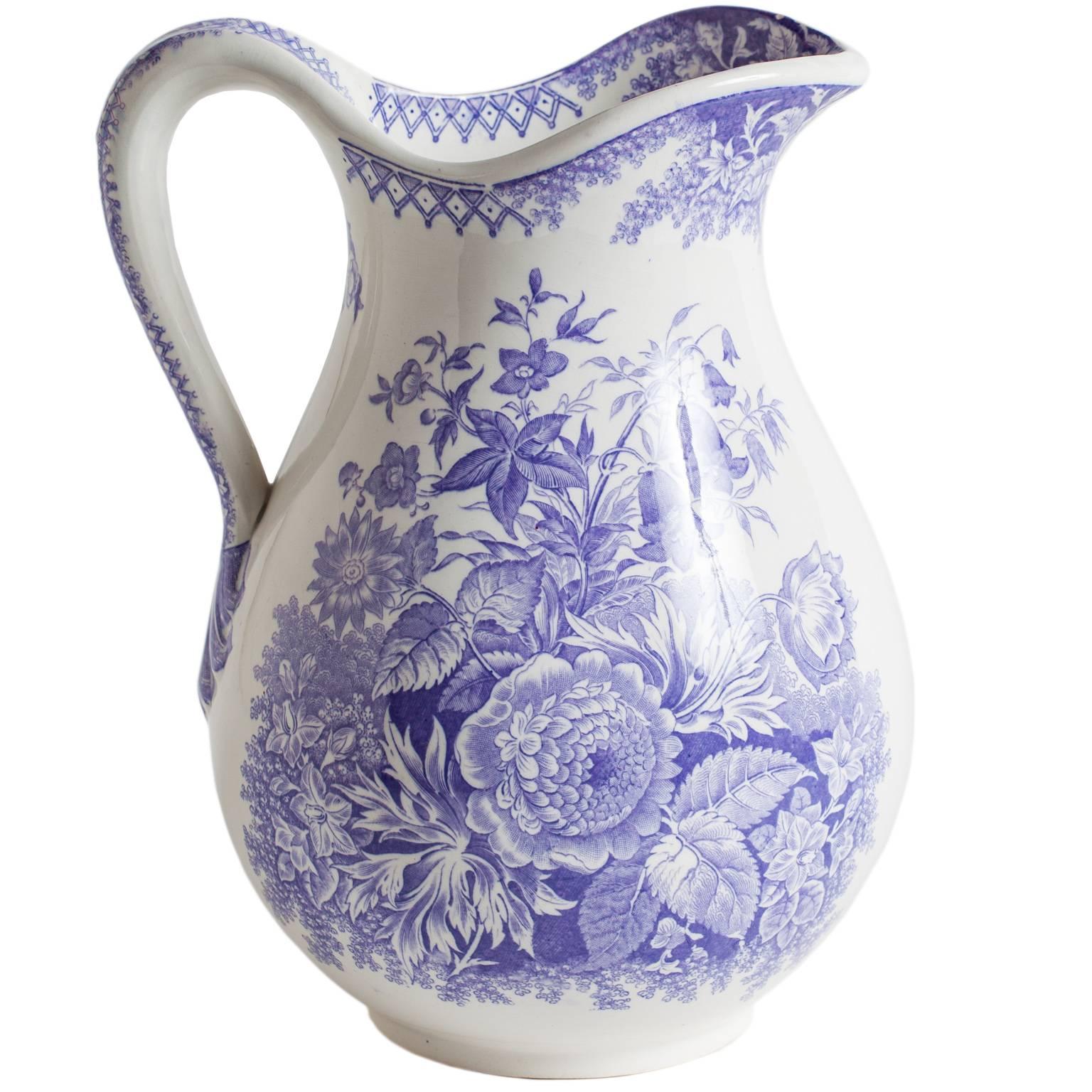 Antique French Ironstone Pitcher with Lavender Flowers, circa 1860 For Sale