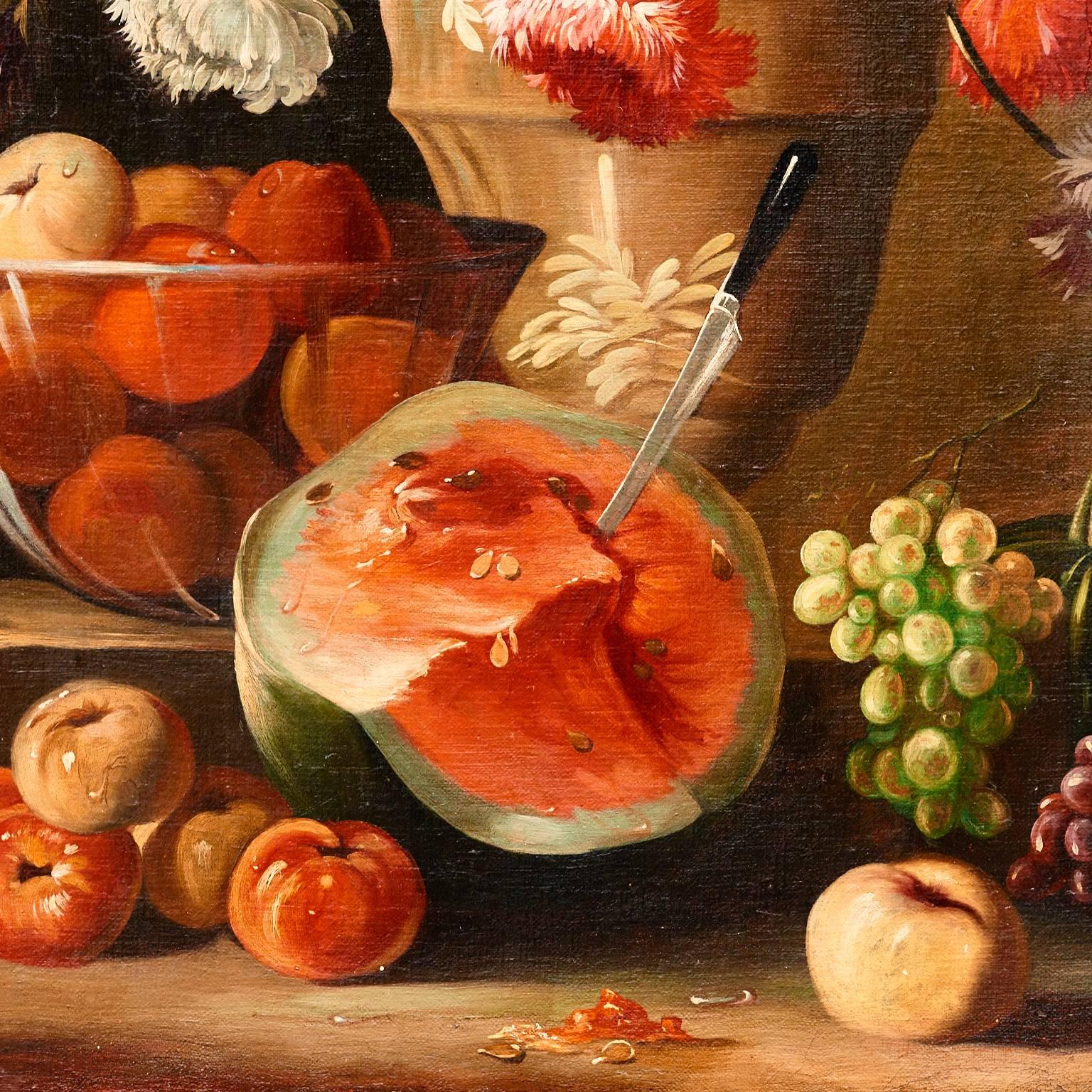 This handsome still life in the tradition of the 17th century masters, depicts beautifully executed poppies, melons, grapes, and apples, on a stone ledge with a dramatic watermelon and a knife embedded in the fruit. It hangs in a black frame of the