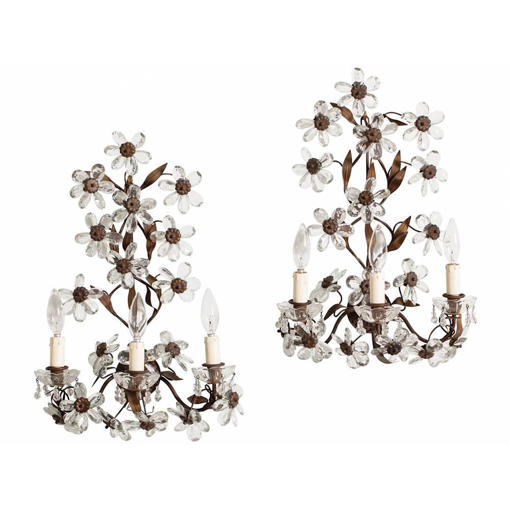 Antique Pair of French Crystal Flower Sconces, circa 1900 For Sale