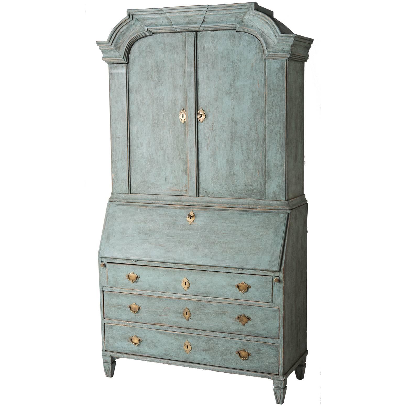 Swedish Late Rococo Period Secretary in Soft Green/Blue Paint, circa 1780