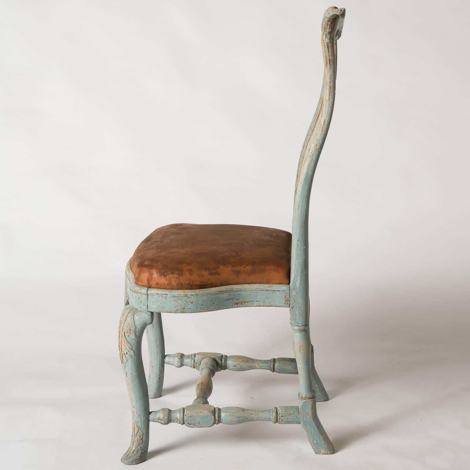 Pair of Early Blue Painted Rococo Side Chairs, circa 1750 For Sale 1