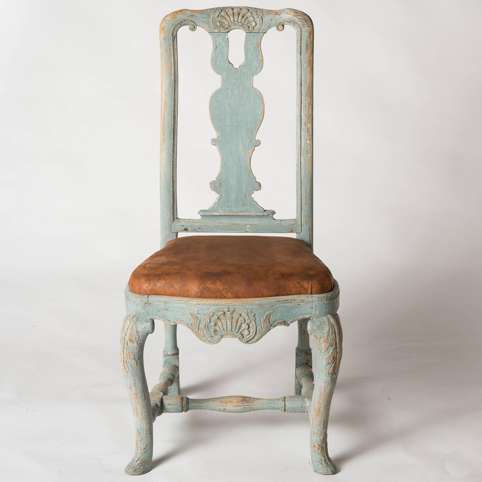 Leather Pair of Early Blue Painted Rococo Side Chairs, circa 1750 For Sale