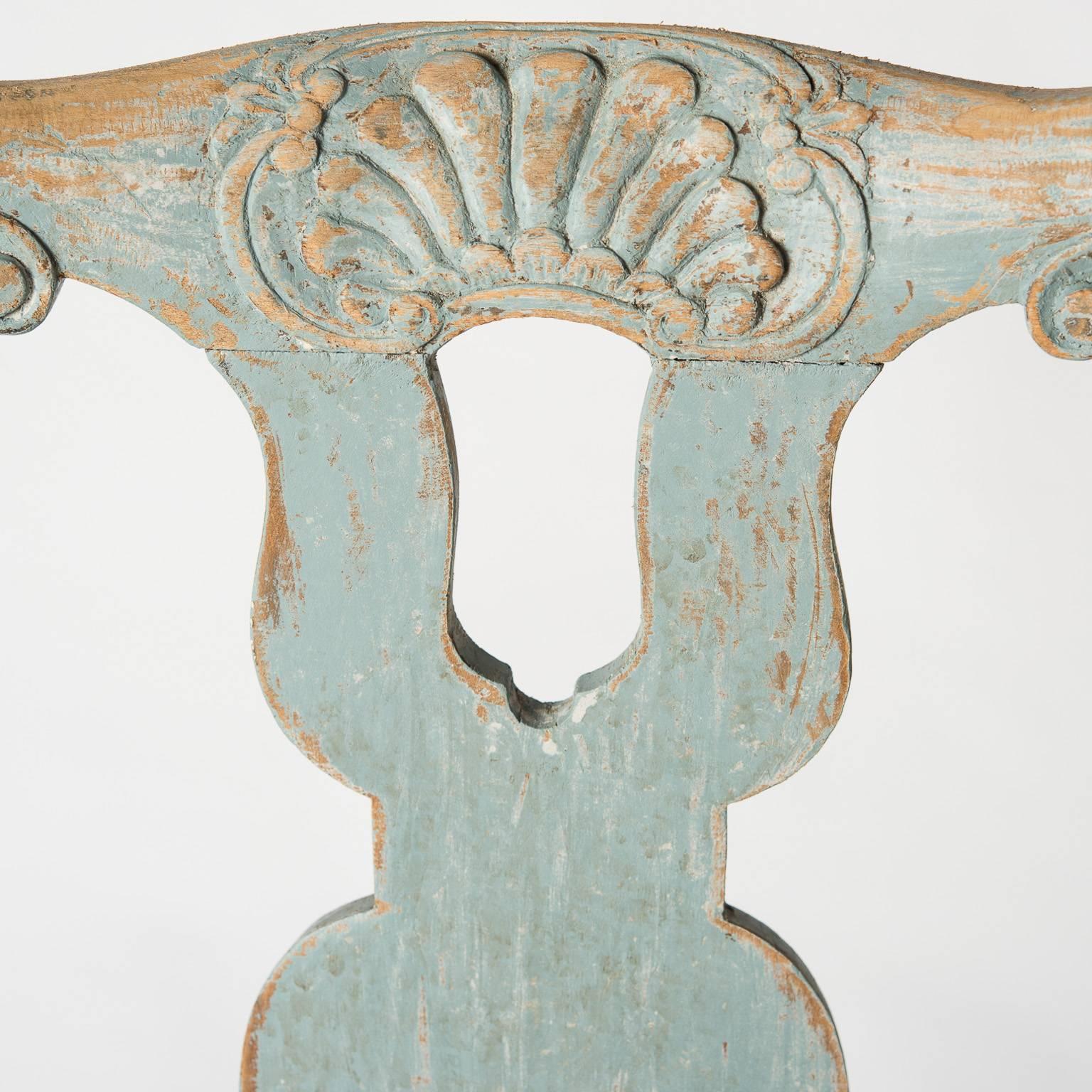 Swedish Pair of Early Blue Painted Rococo Side Chairs, circa 1750 For Sale