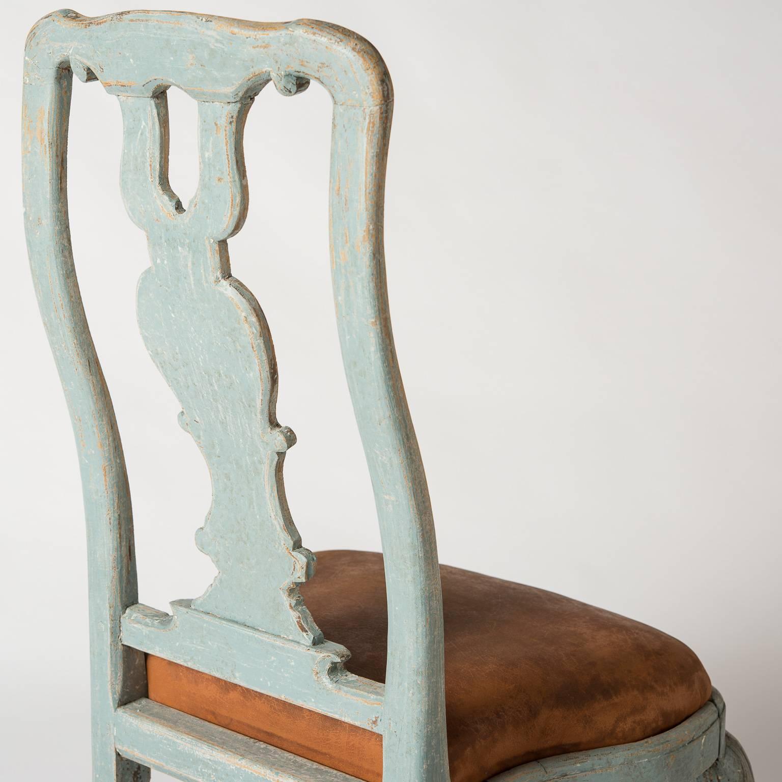 Pair of Early Blue Painted Rococo Side Chairs, circa 1750 For Sale 4