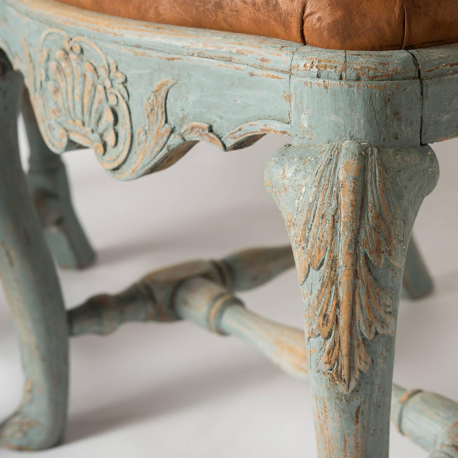 18th Century Pair of Early Blue Painted Rococo Side Chairs, circa 1750 For Sale