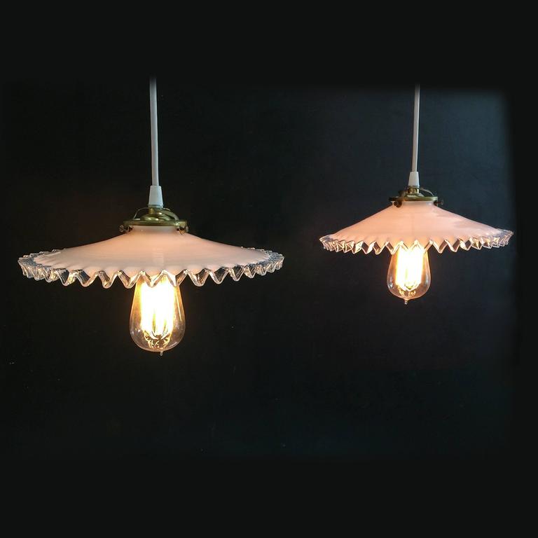 French Hanging Light Fixtures with Antique Shades, circa 1900 For Sale