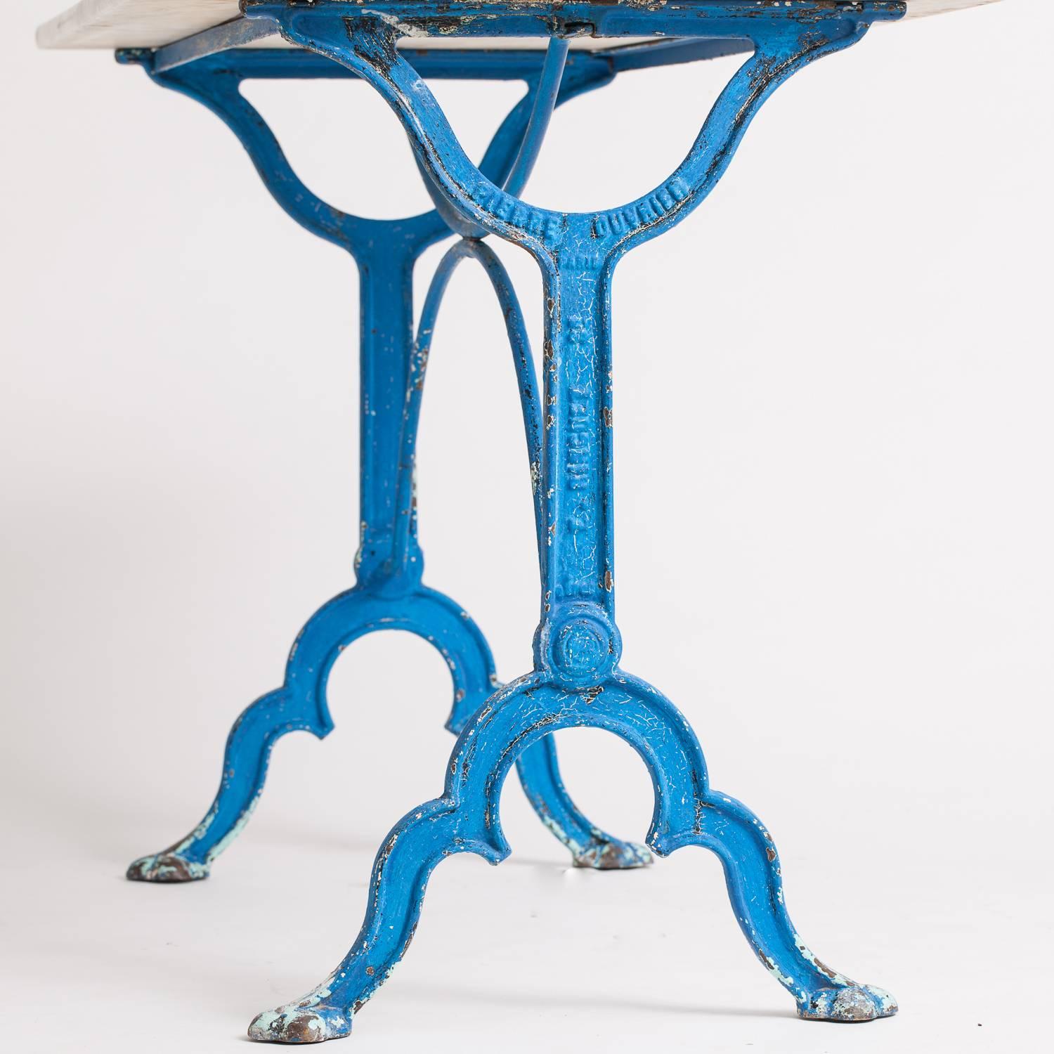 Early 20th Century Antique French Blue Painted Bistro Table with Marble-Top, circa 1900