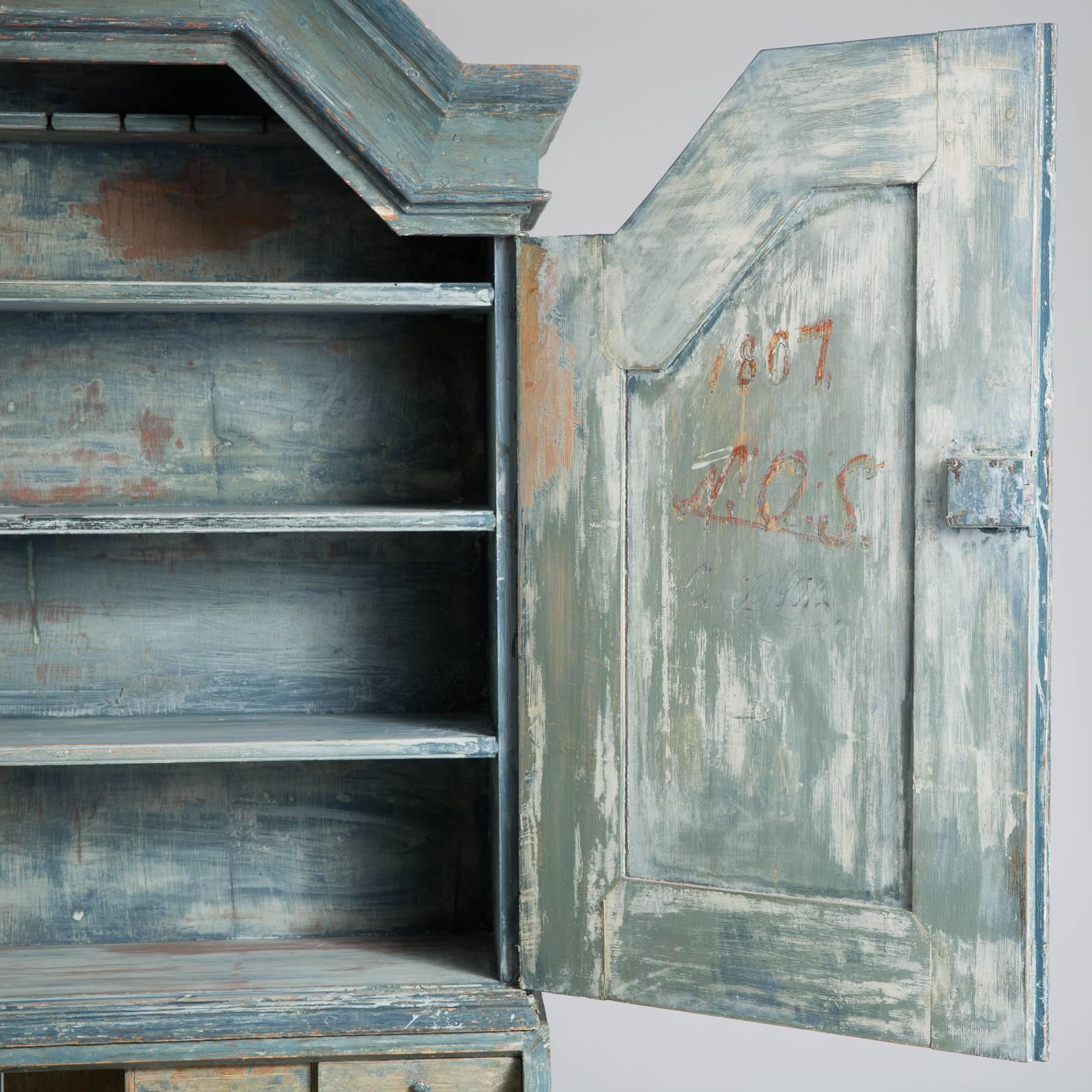 Swedish Late Gustavian Blue Painted Secretary Signed and Dated, 1807 In Excellent Condition In New Preston, CT