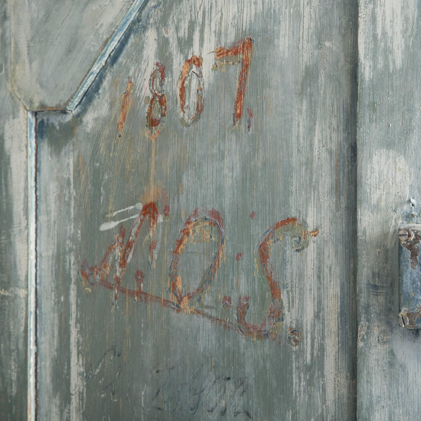 Wood Swedish Late Gustavian Blue Painted Secretary Signed and Dated, 1807